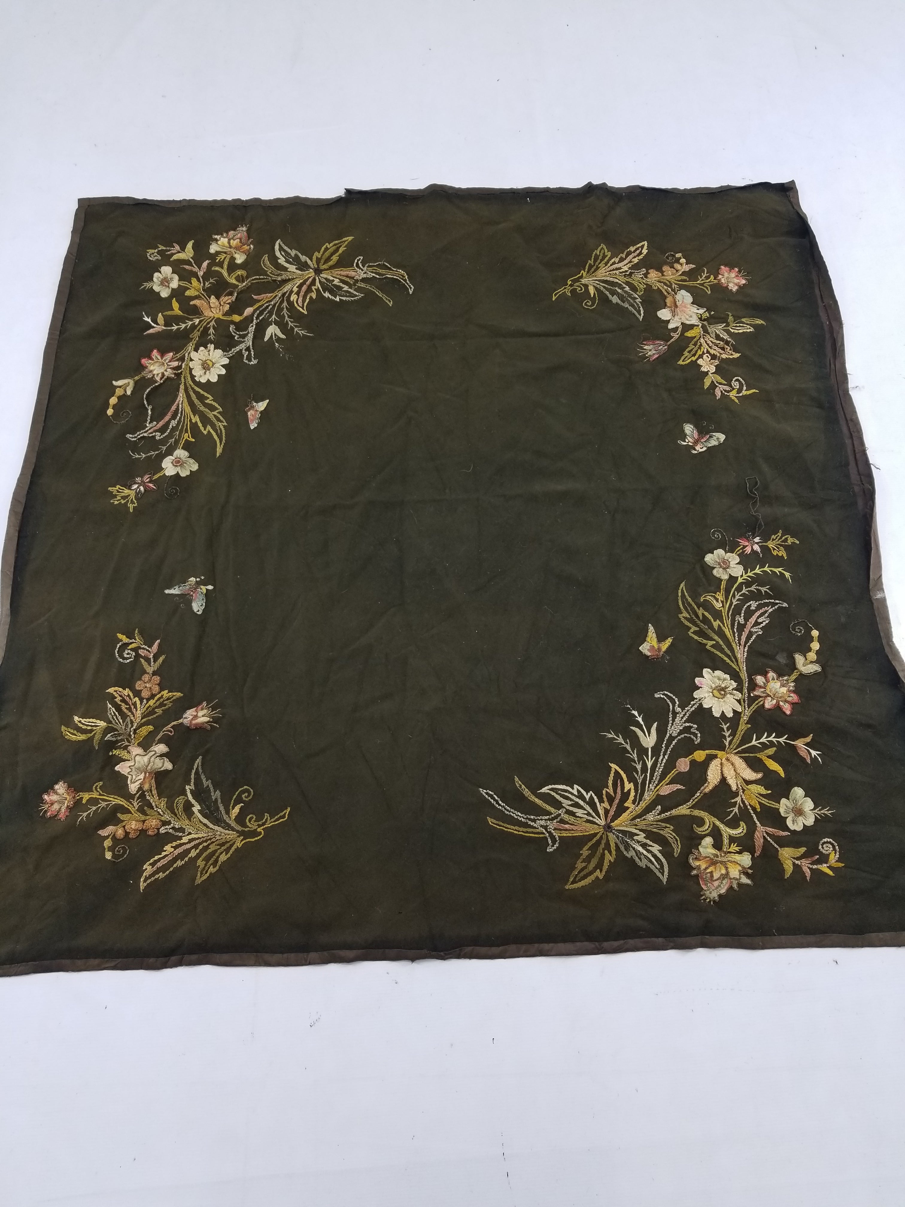 Antique Traditional Applique Hand Embroidered Floral & Butterfly Textile 130x126cm