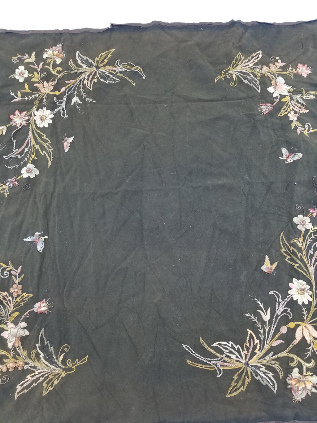Antique Traditional Applique Hand Embroidered Floral & Butterfly Textile 130x126cm