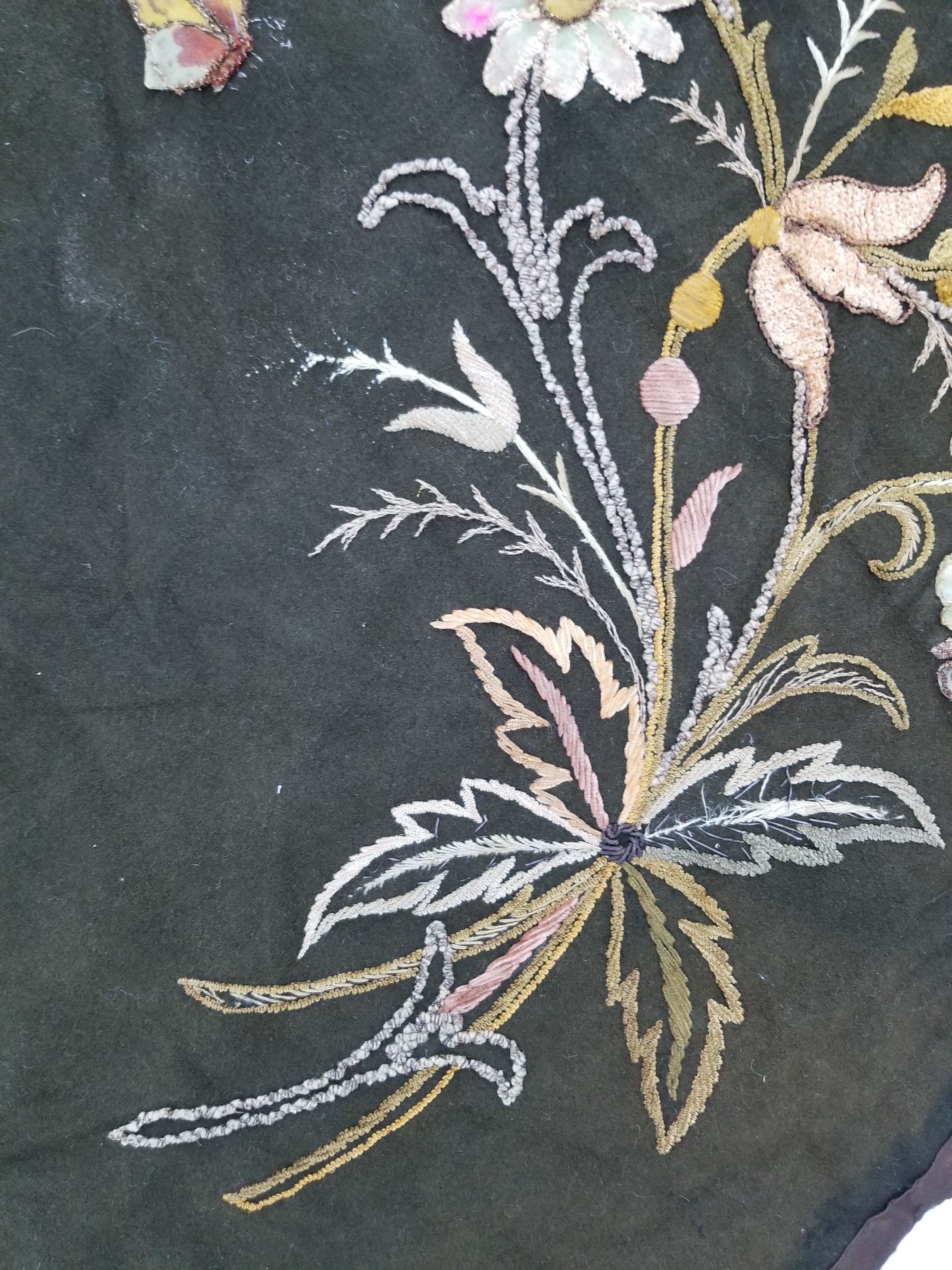 Antique Traditional Applique Hand Embroidered Floral & Butterfly Textile 130x126cm