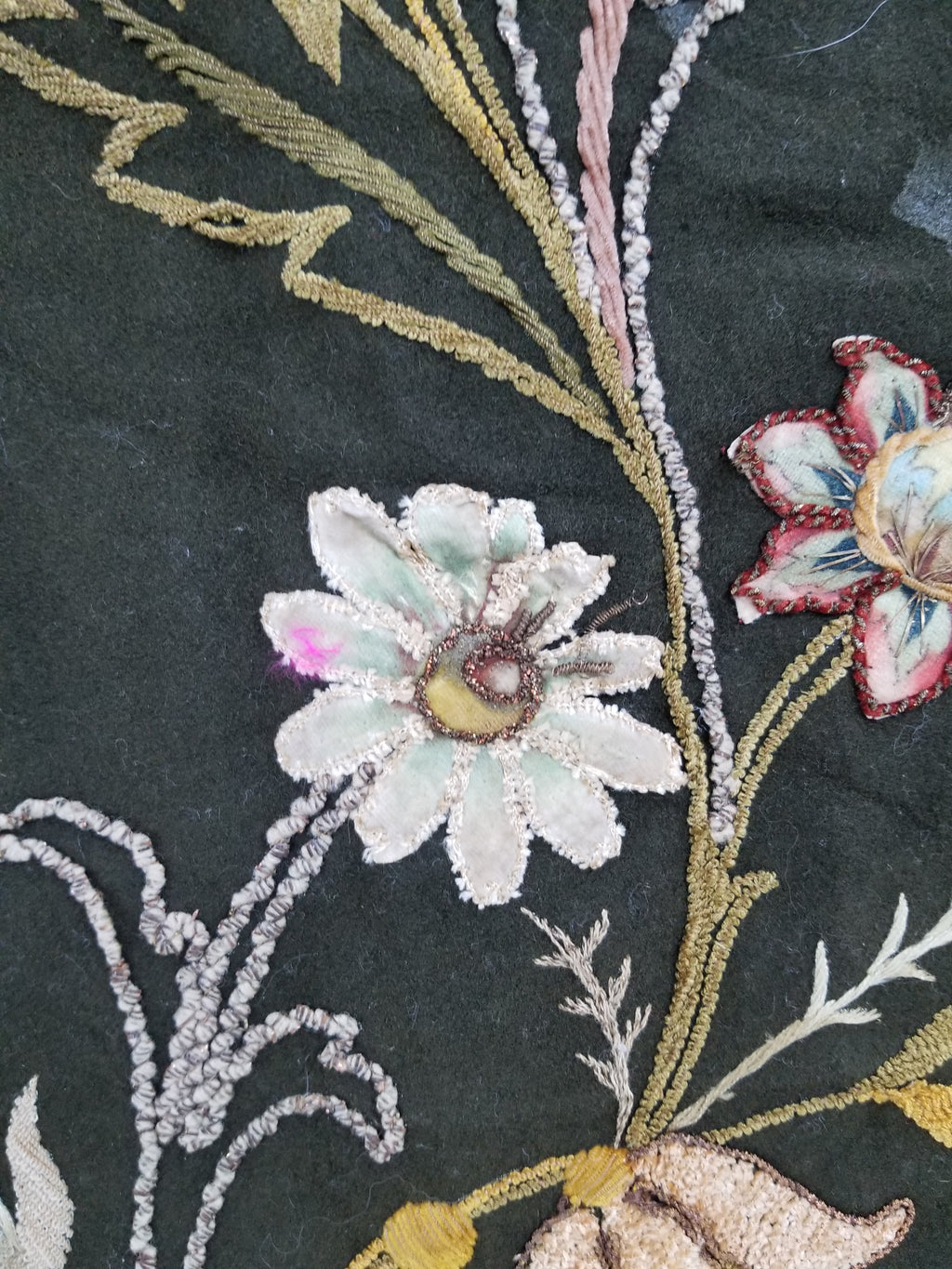 Antique Traditional Applique Hand Embroidered Floral & Butterfly Textile 130x126cm