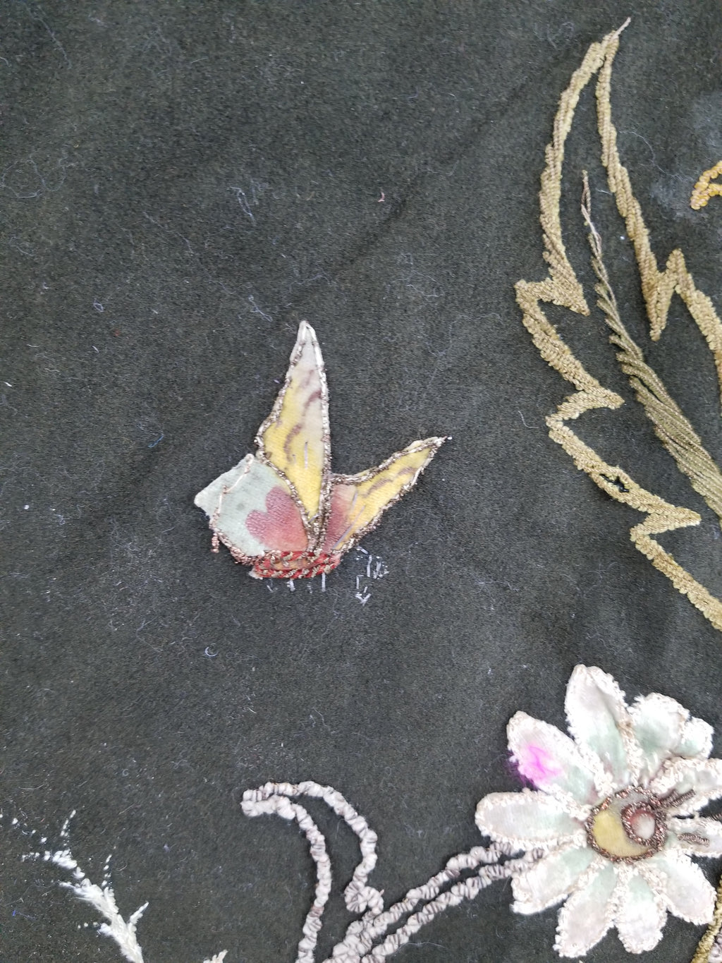 Antique Traditional Applique Hand Embroidered Floral & Butterfly Textile 130x126cm