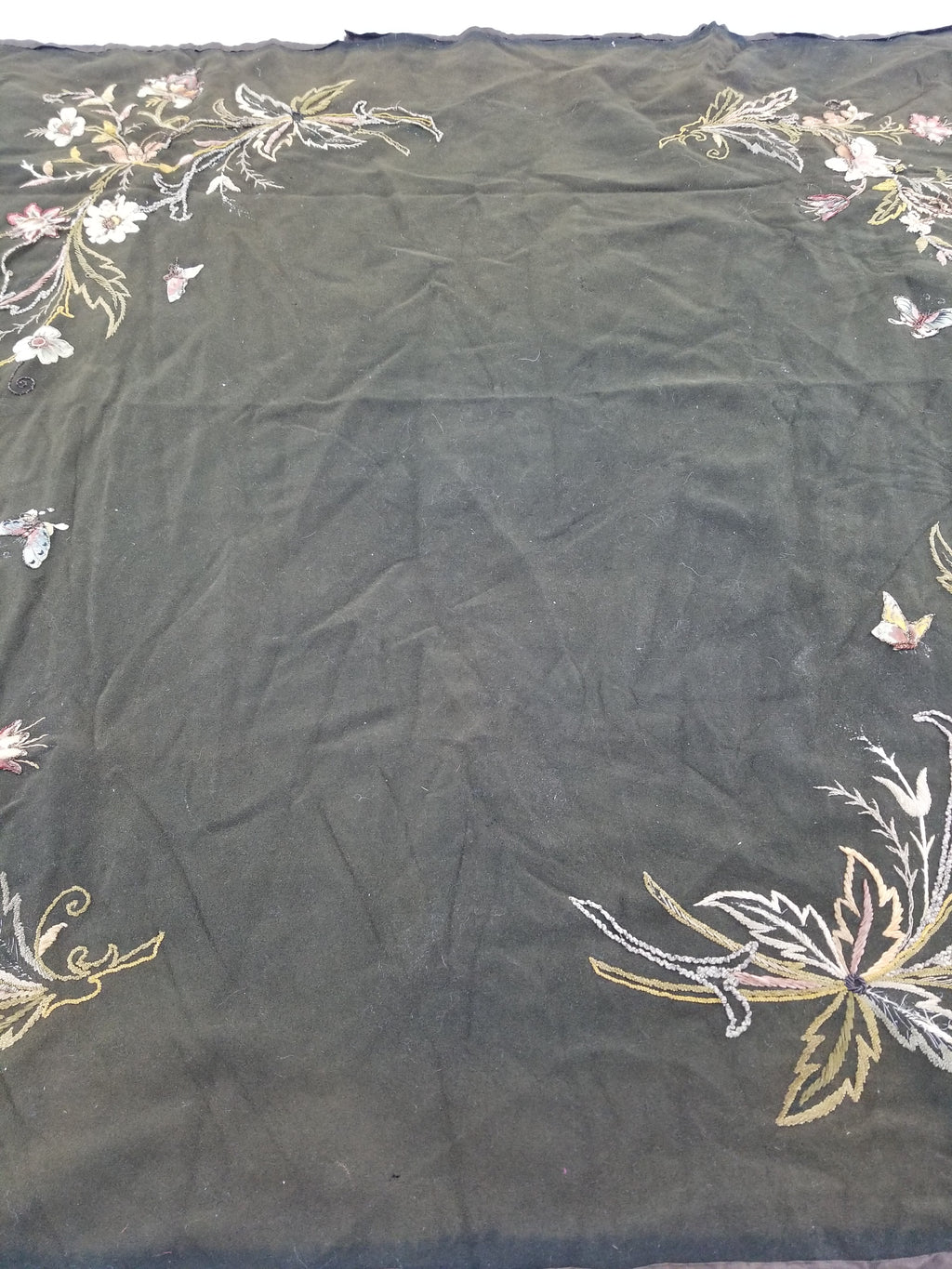 Antique Traditional Applique Hand Embroidered Floral & Butterfly Textile 130x126cm