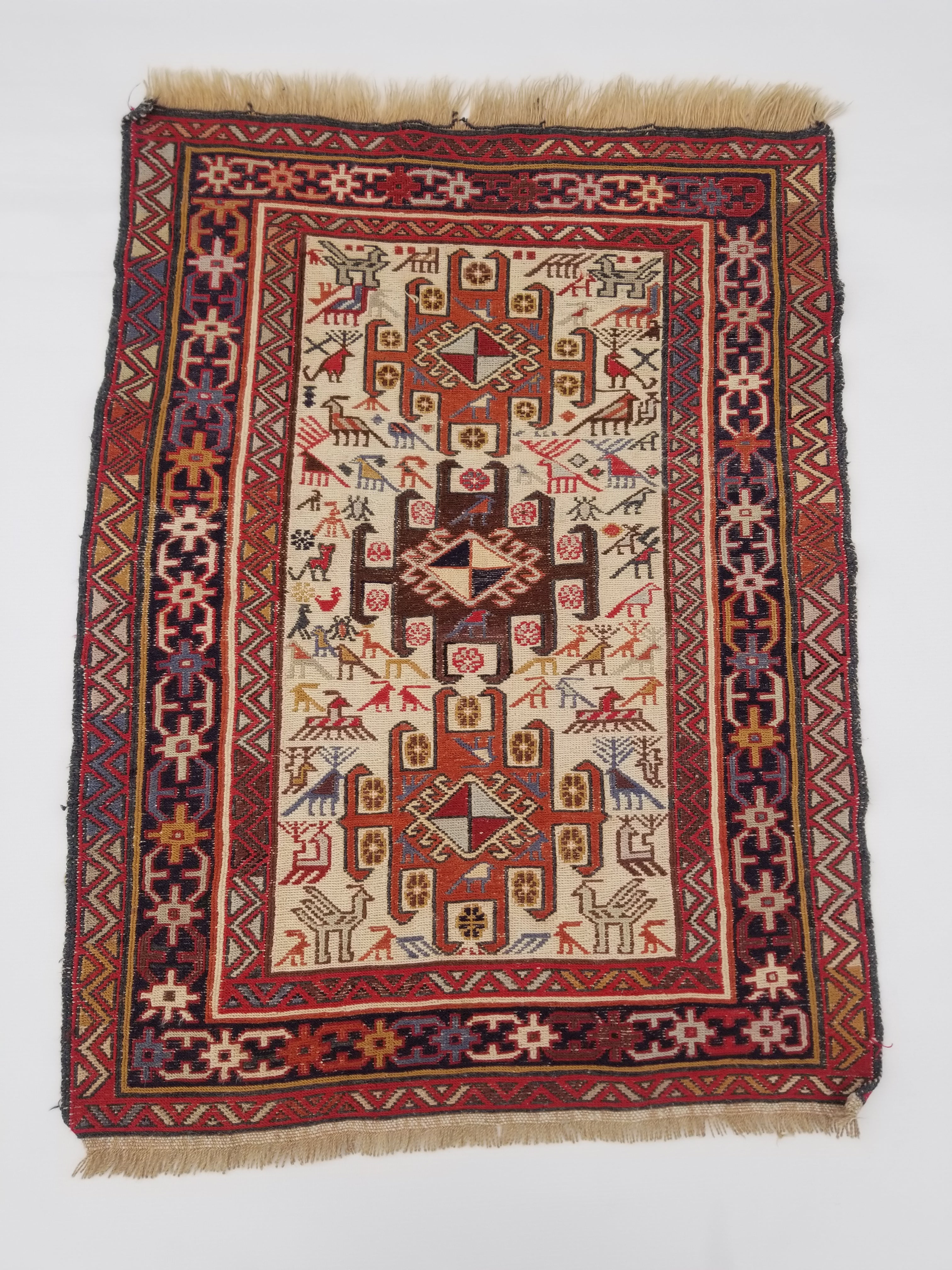 Vintage Traditional Handmade Afghan Sumak Wool Multicolor Rug 91x70cm