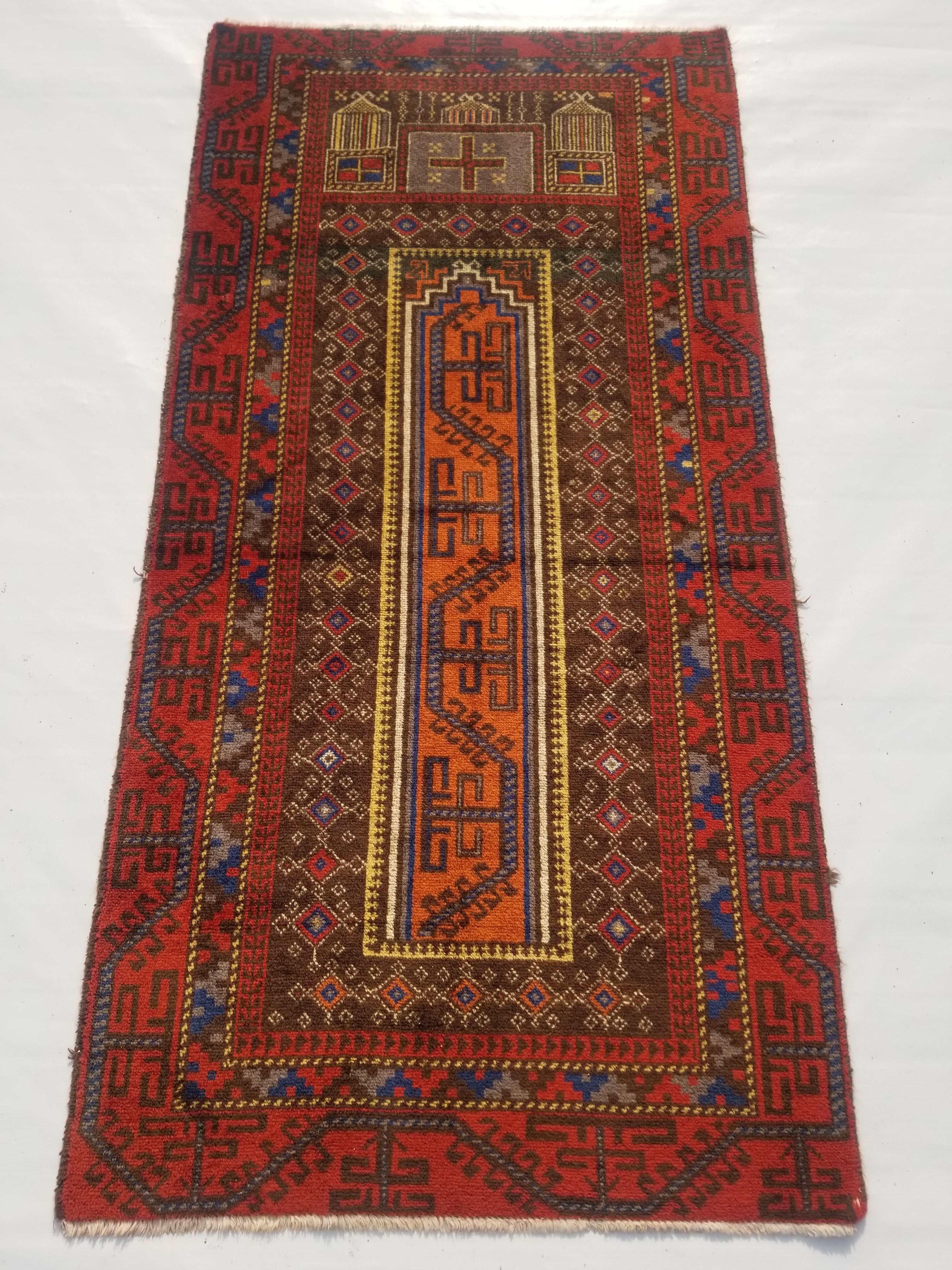 Antique Traditional Handmade Afghan Wool Multicolor Prayer Rug 173x87cm
