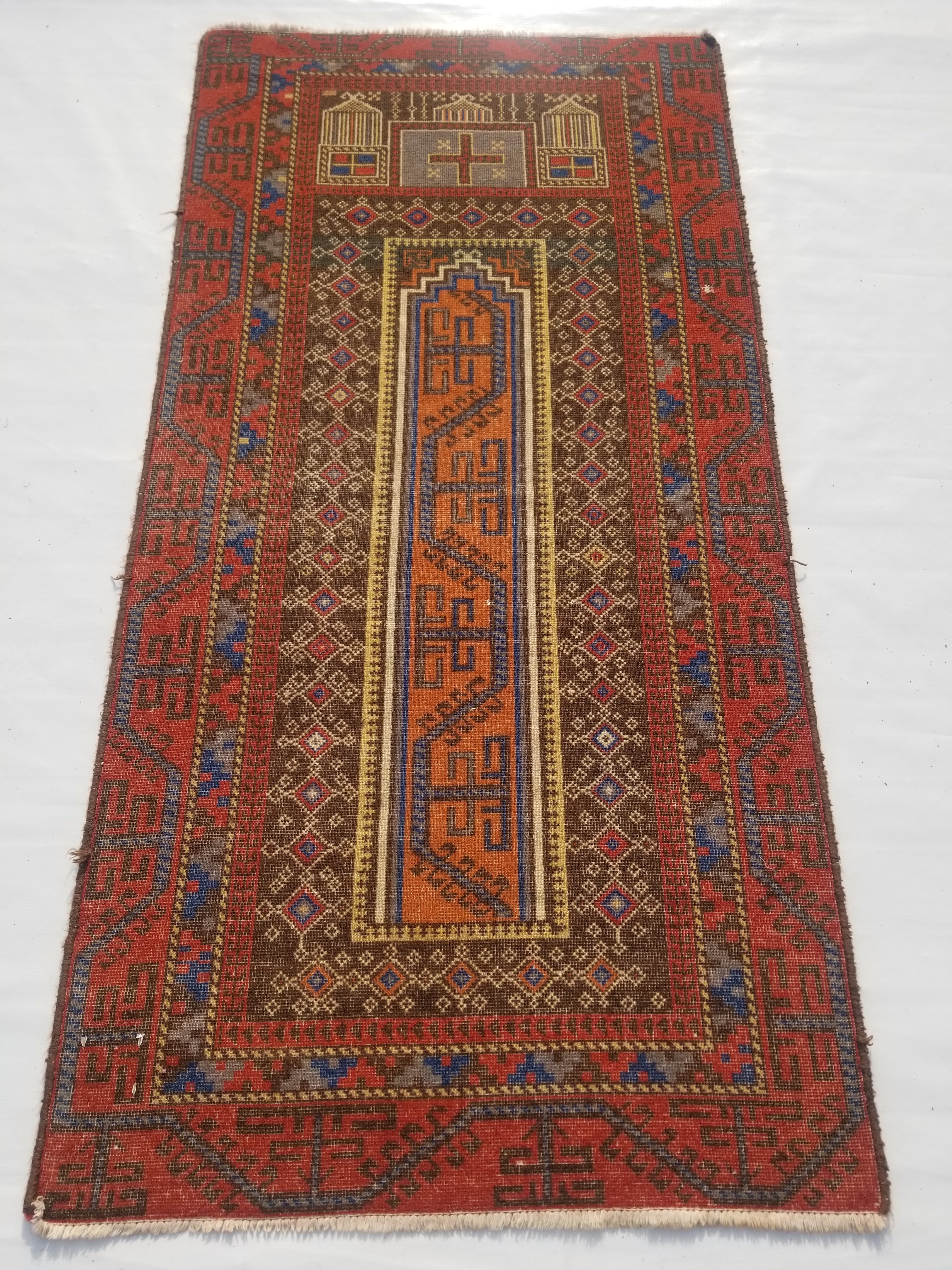 Antique Traditional Handmade Afghan Wool Multicolor Prayer Rug 173x87cm