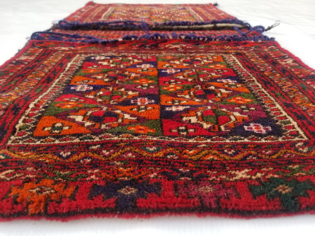 Antique Traditional Handmade Turkoman Wool Multicolor Saddle Bag 99x51cm