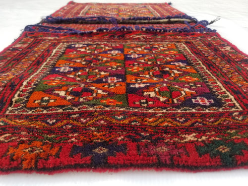 Antique Traditional Handmade Turkoman Wool Multicolor Saddle Bag 99x51cm