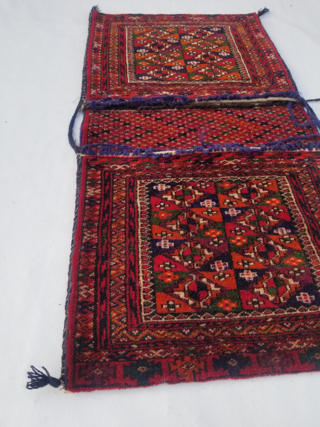 Antique Traditional Handmade Turkoman Wool Multicolor Saddle Bag 99x51cm