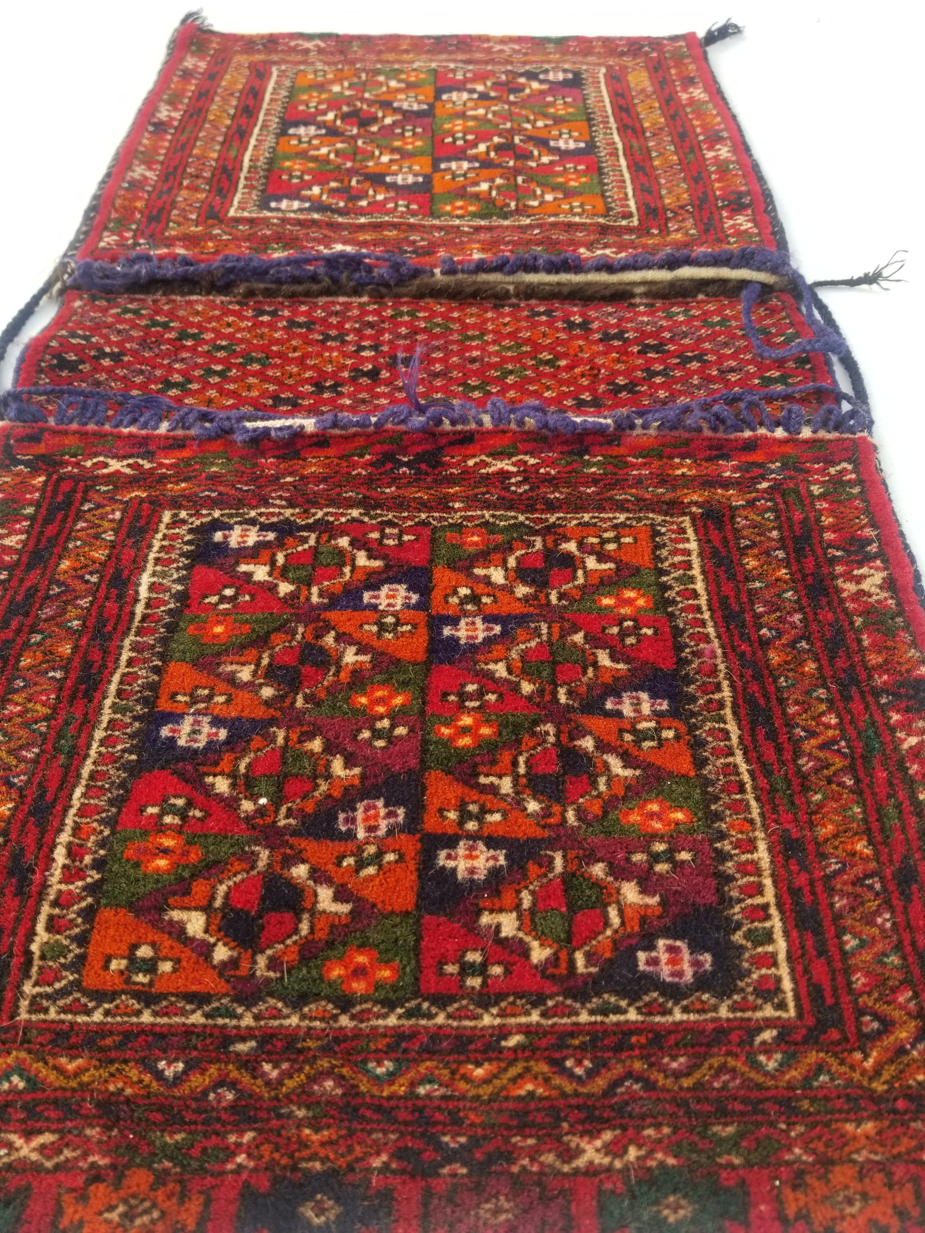 Antique Traditional Handmade Turkoman Wool Multicolor Saddle Bag 99x51cm