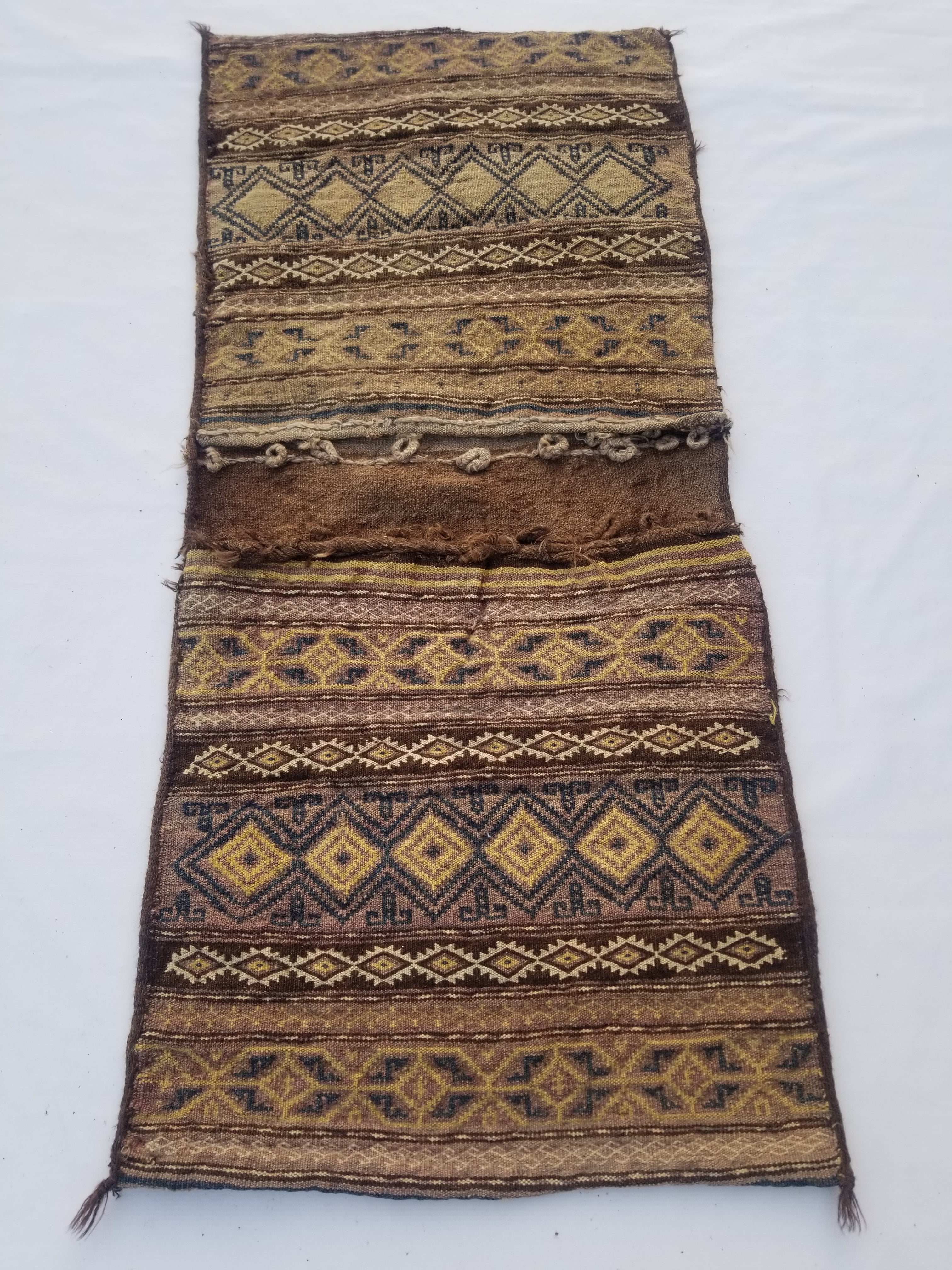 Vintage Traditional Handwoven Turkoman Wool Multicolor Saddle Bag 142x64cm