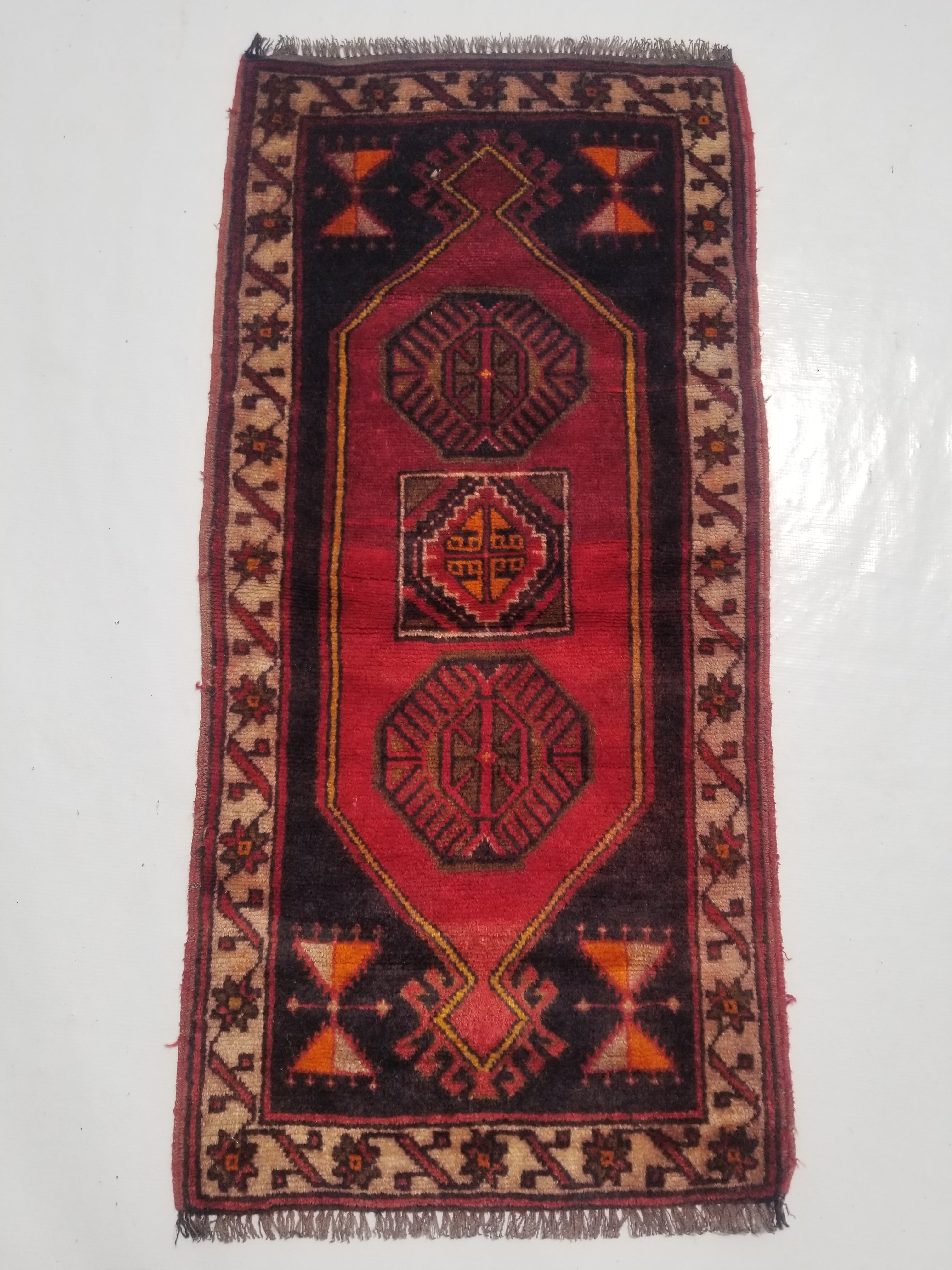 Distressed Vintage Traditional Handmade Turkish Malatya Wool Multicolor Rug 111x55cm