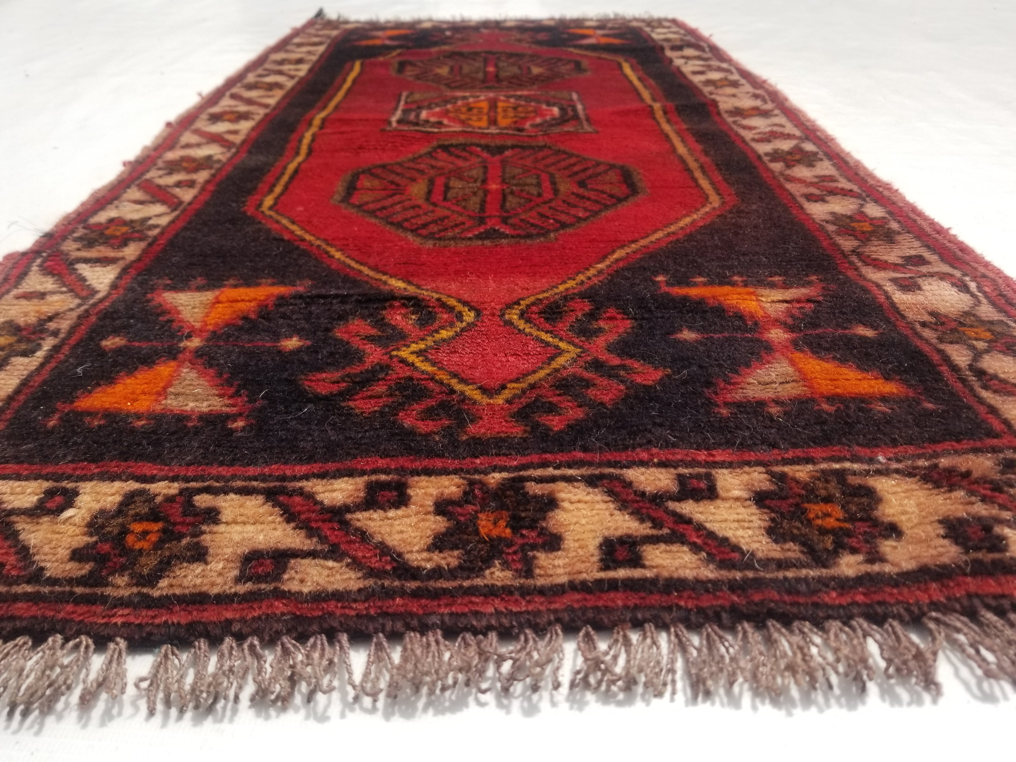 Distressed Vintage Traditional Handmade Turkish Malatya Wool Multicolor Rug 111x55cm