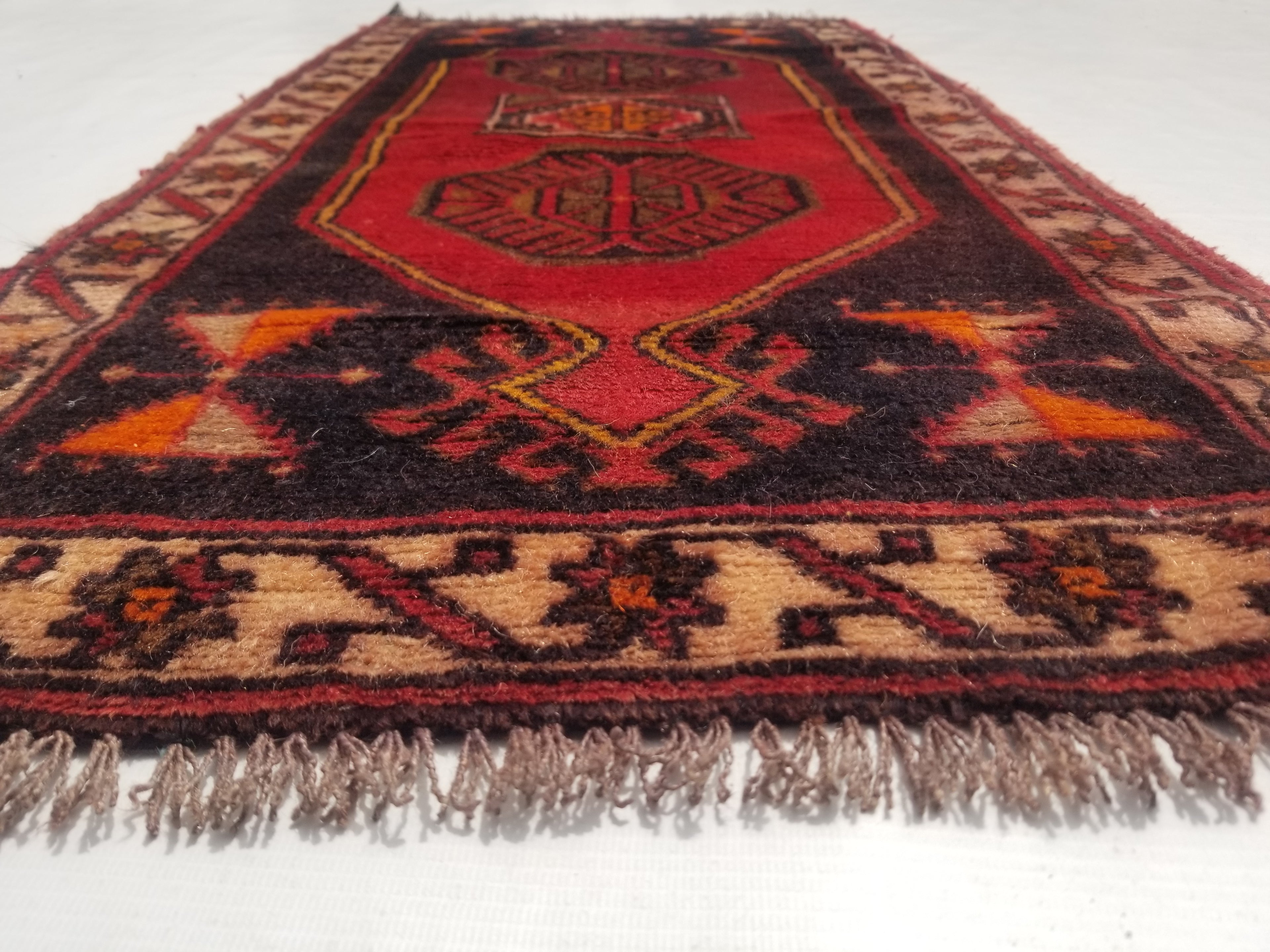Distressed Vintage Traditional Handmade Turkish Malatya Wool Multicolor Rug 111x55cm