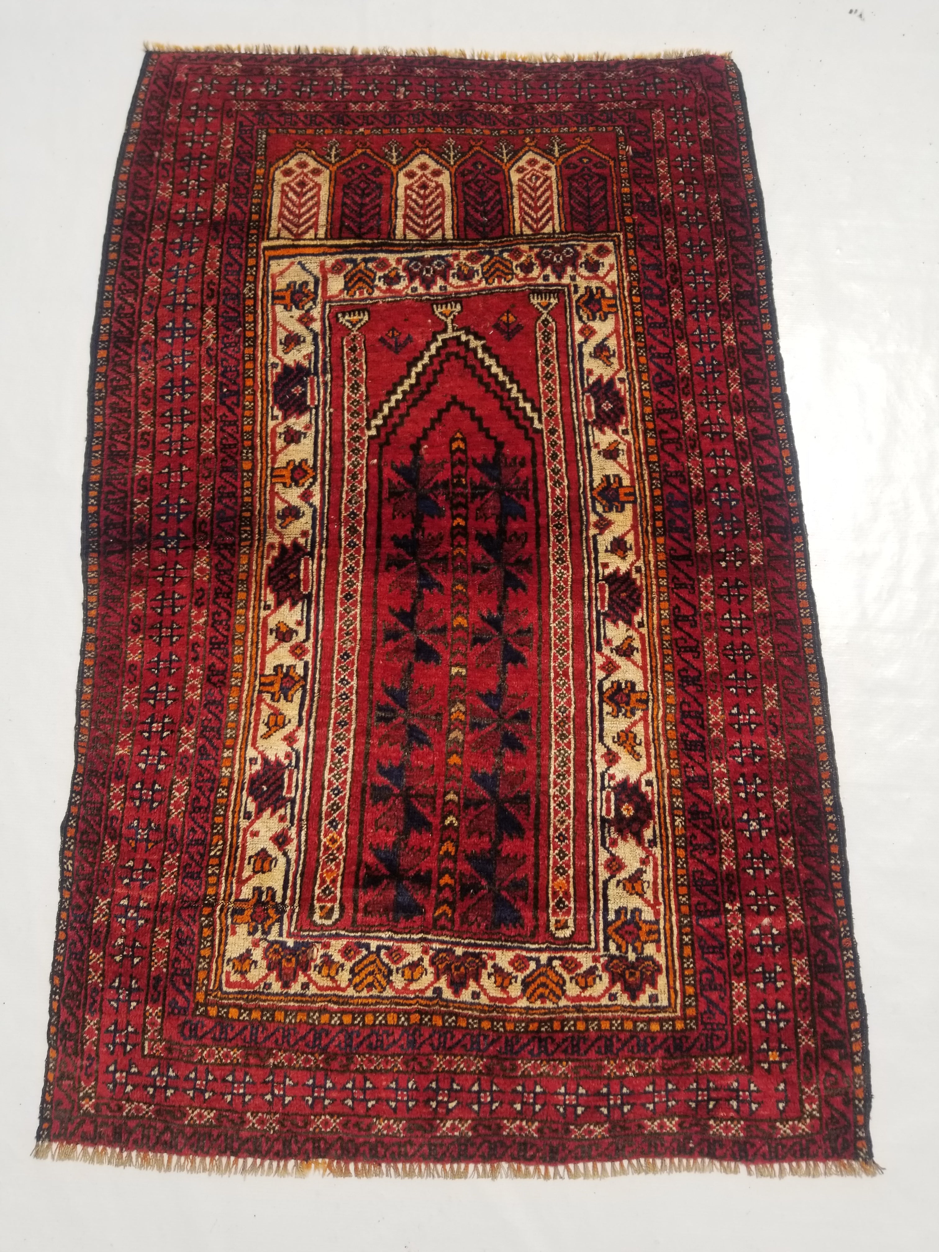 Distressed Vintage Handmade Afghan Wool Multicolor Prayer Rug 143x91cm