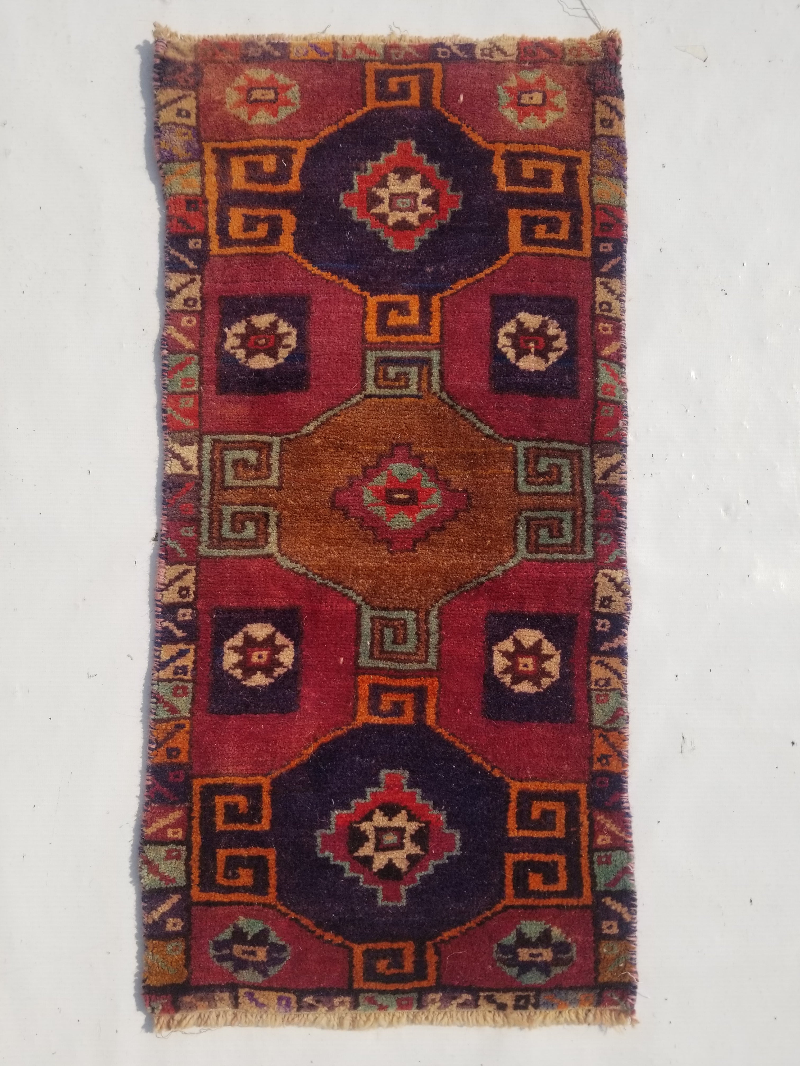 Distressed Vintage Traditional Handmade Turkish Wool Multicolor Rug 75x37cm