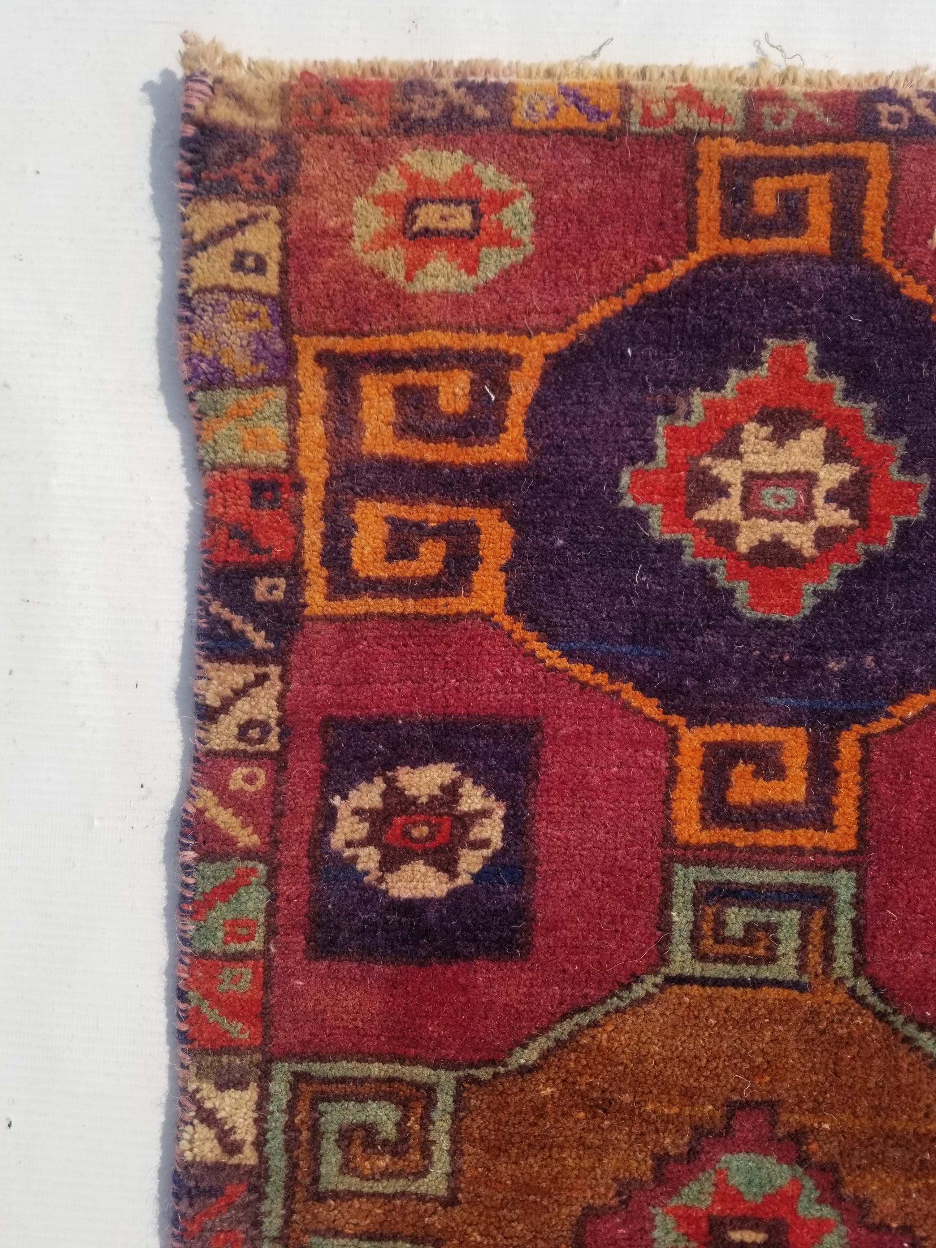Distressed Vintage Traditional Handmade Turkish Wool Multicolor Rug 75x37cm