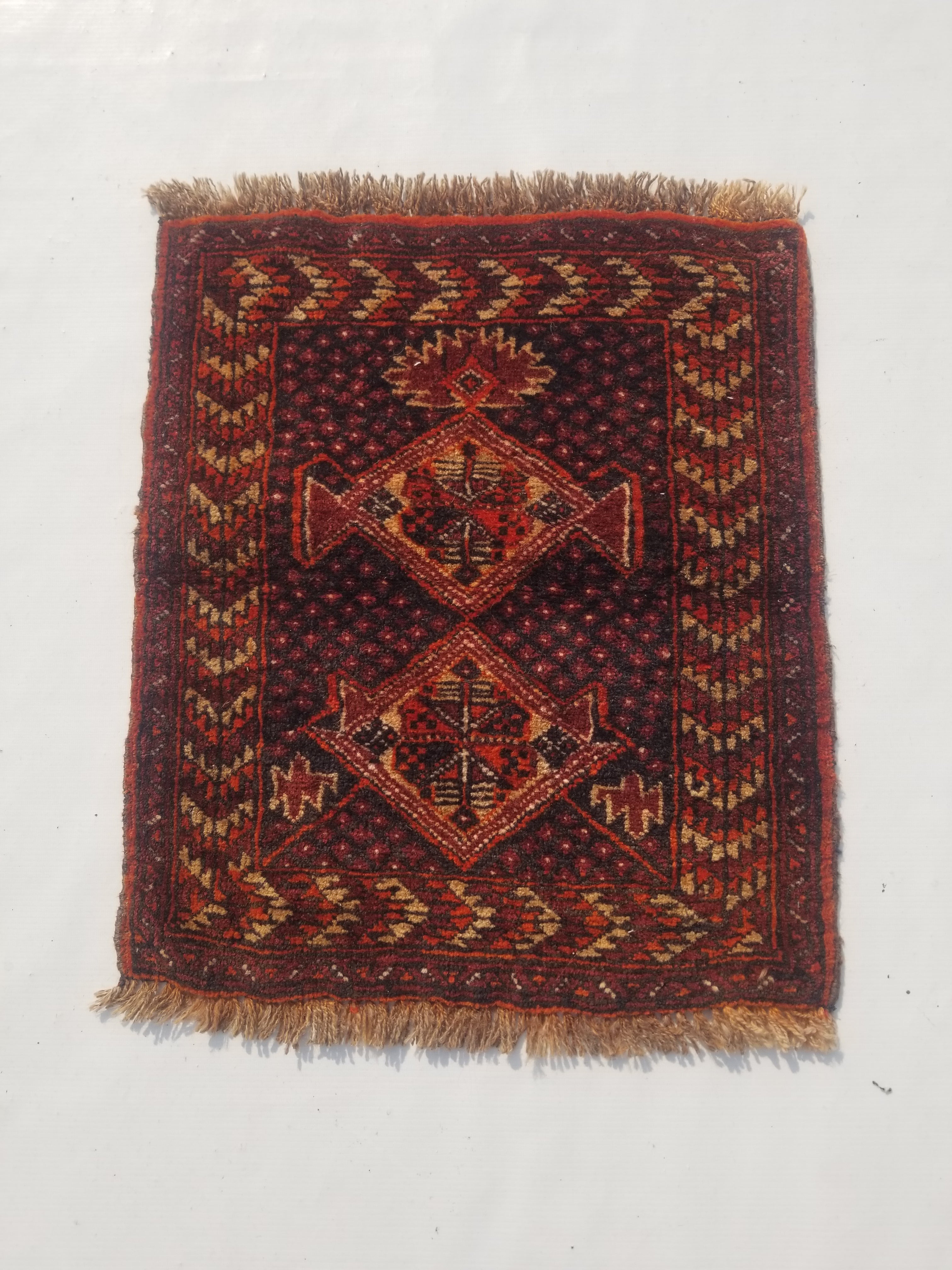 Distressed Antique Traditional Handmade Afghan Wool Multicolor Rug 53x47cm