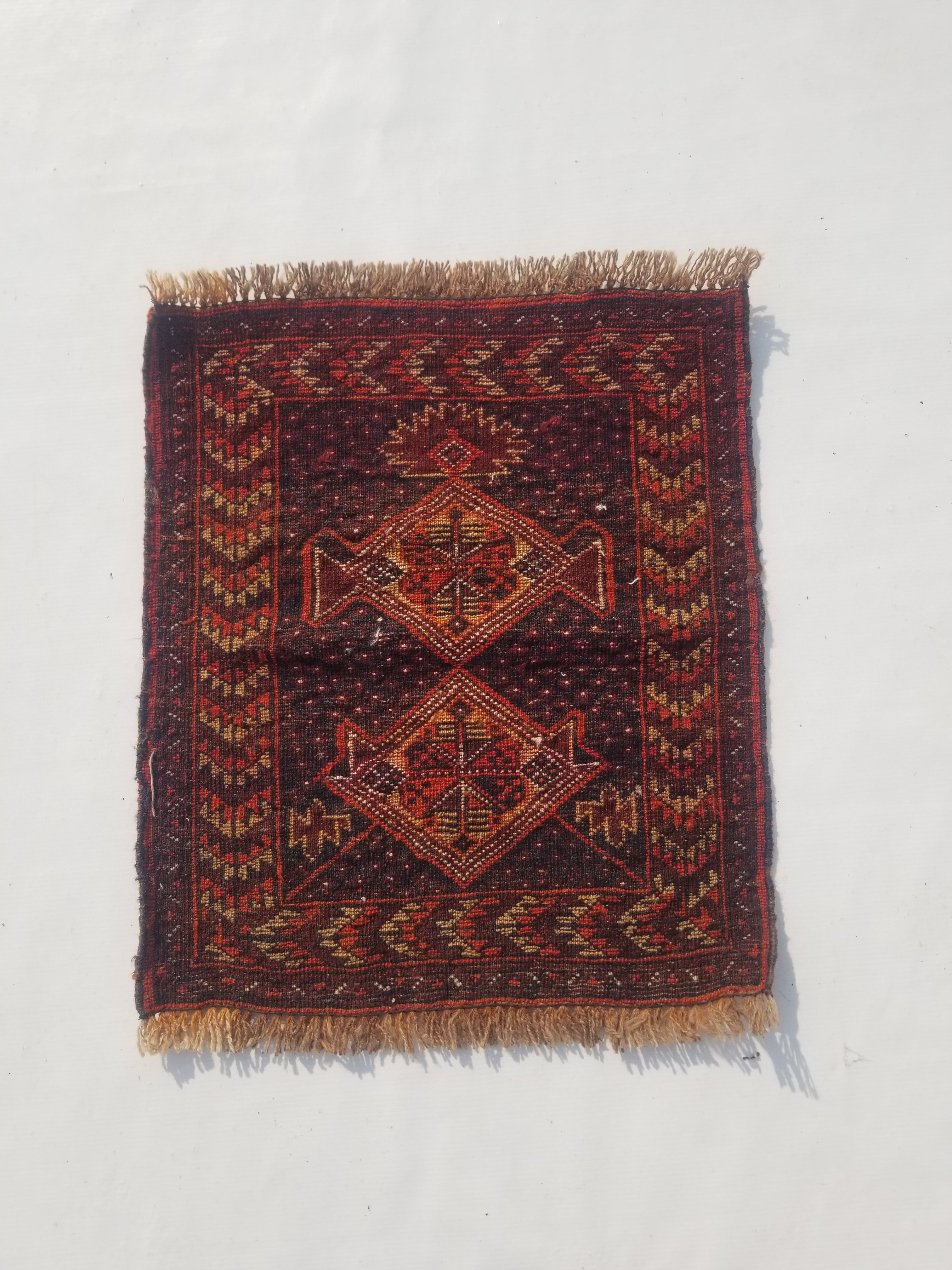 Distressed Antique Traditional Handmade Afghan Wool Multicolor Rug 53x47cm