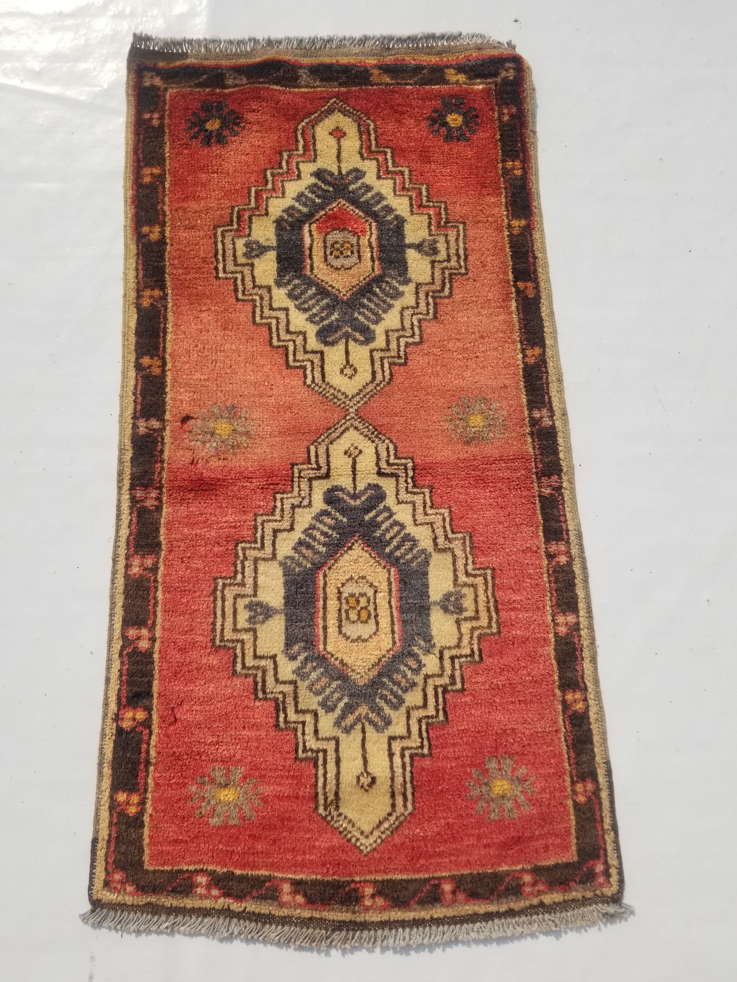 Distressed Vintage Traditional Handmade Turkish Wool Multicolor Rug 109x54cm