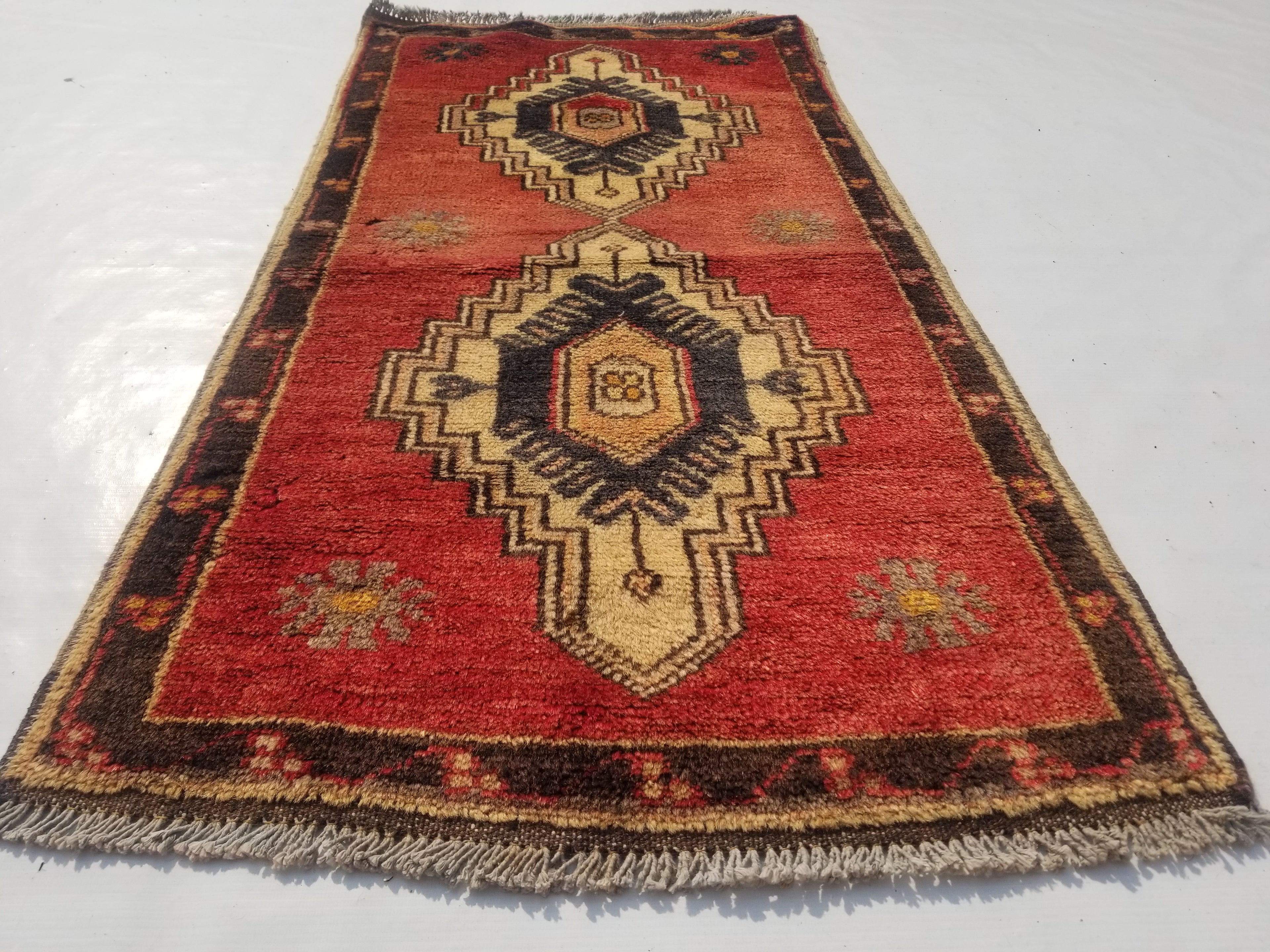 Distressed Vintage Traditional Handmade Turkish Wool Multicolor Rug 109x54cm