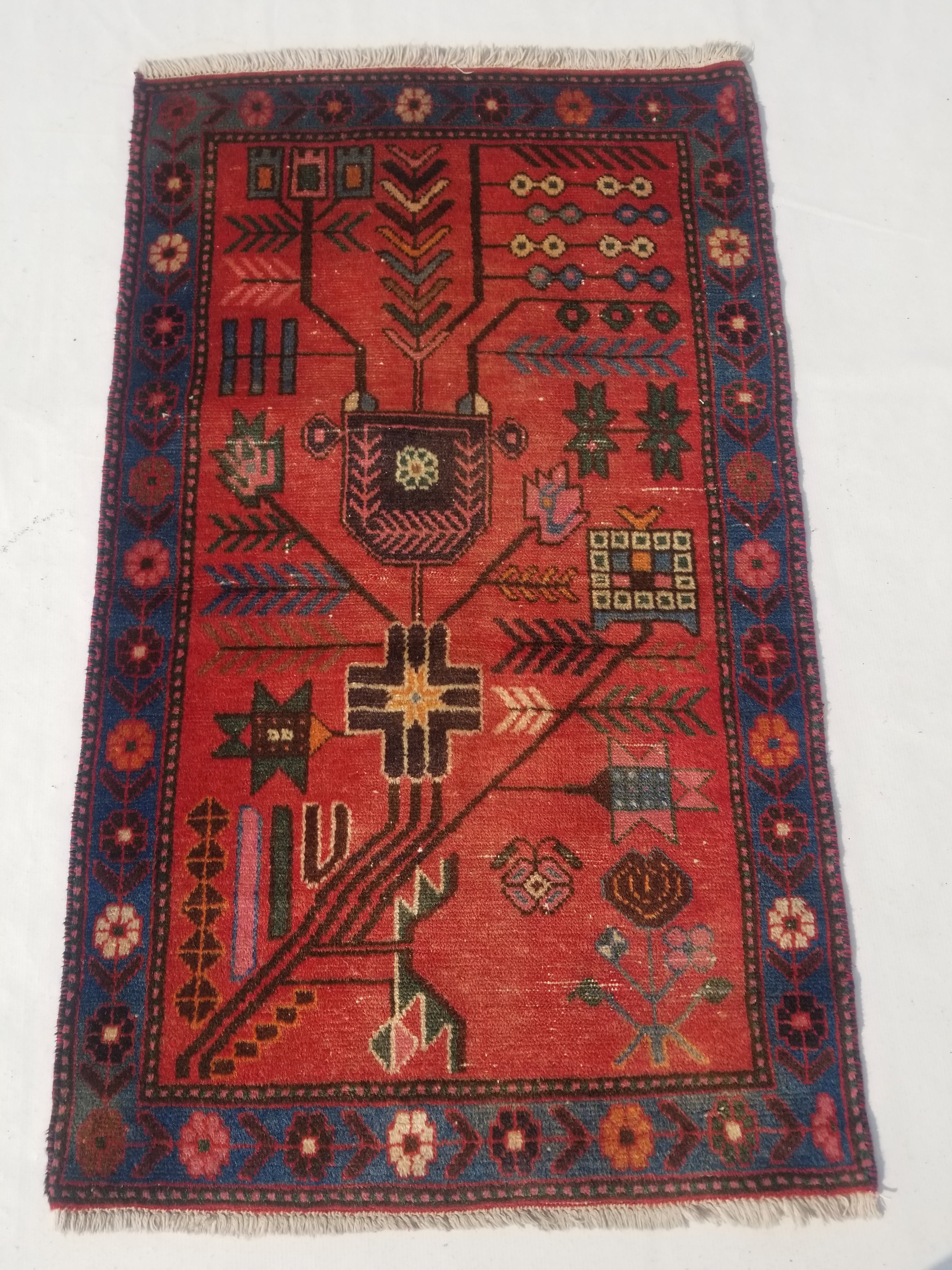 Distressed Vintage Handmade Afghan Wool Multicolor Rug 123x74cm