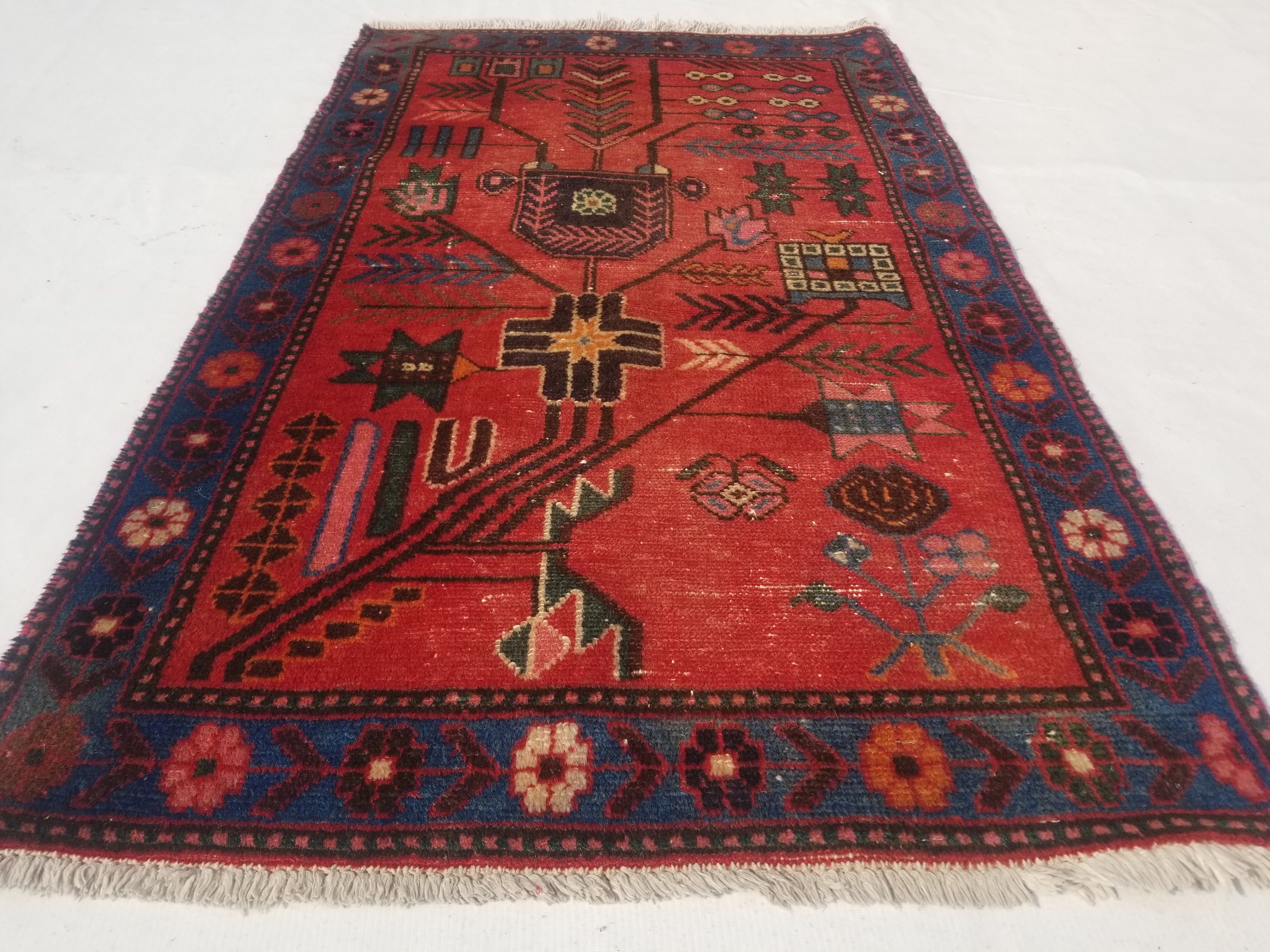 Distressed Vintage Handmade Afghan Wool Multicolor Rug 123x74cm