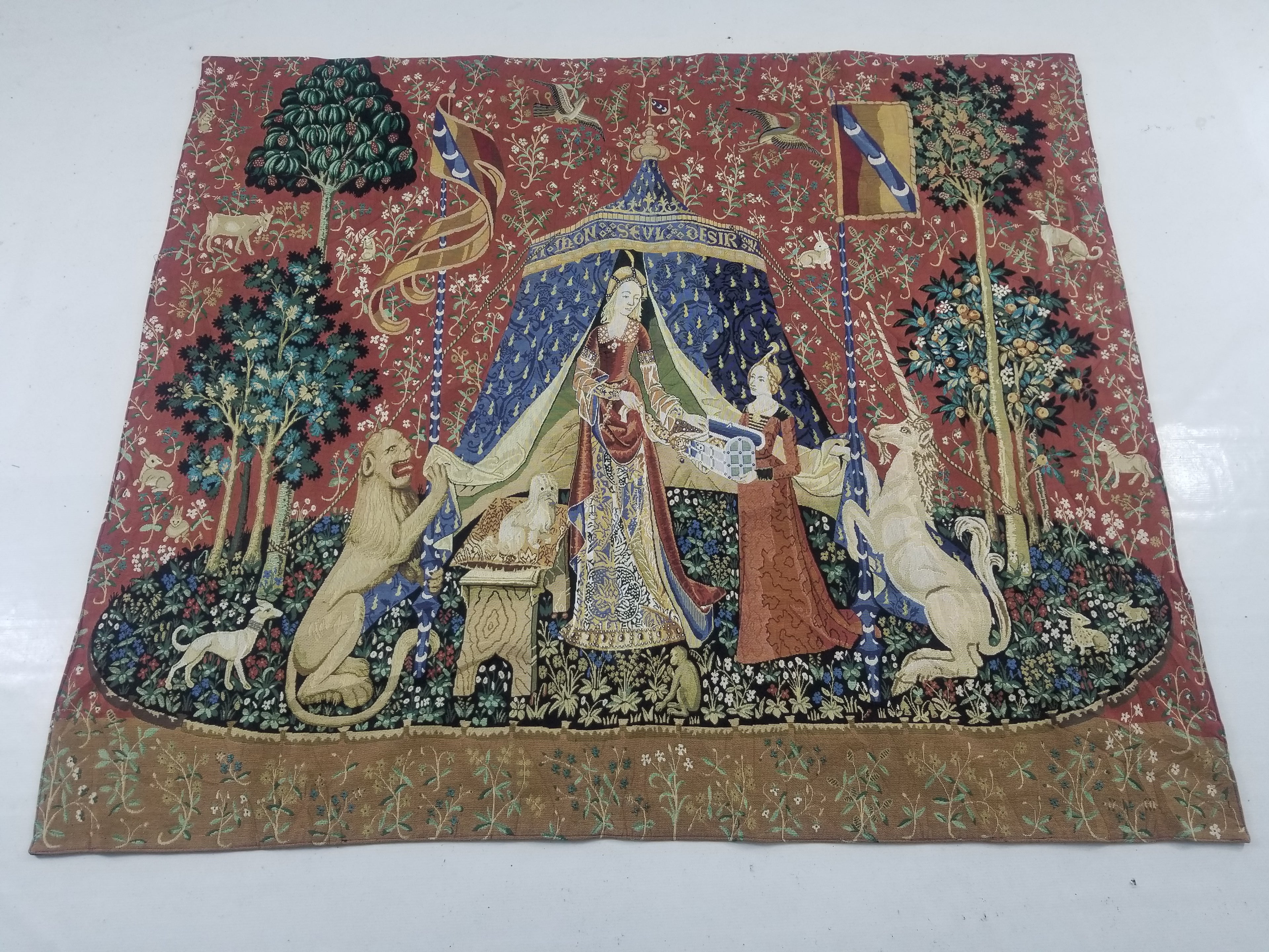 Vintage French Lady & The Unicorn Medieval Scene Wall Hanging Tapestry 157x138cm