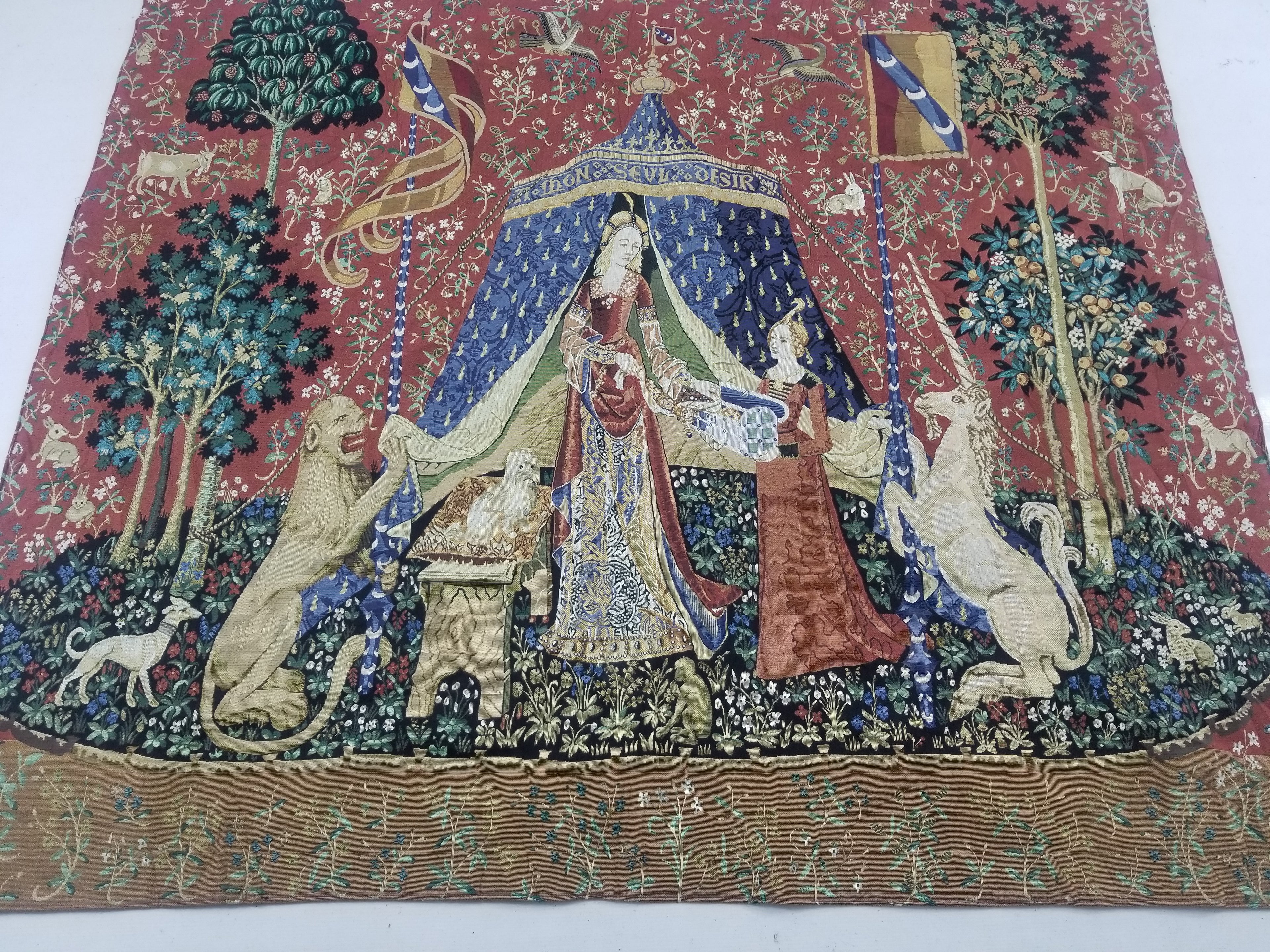 Vintage French Lady & The Unicorn Medieval Scene Wall Hanging Tapestry 157x138cm