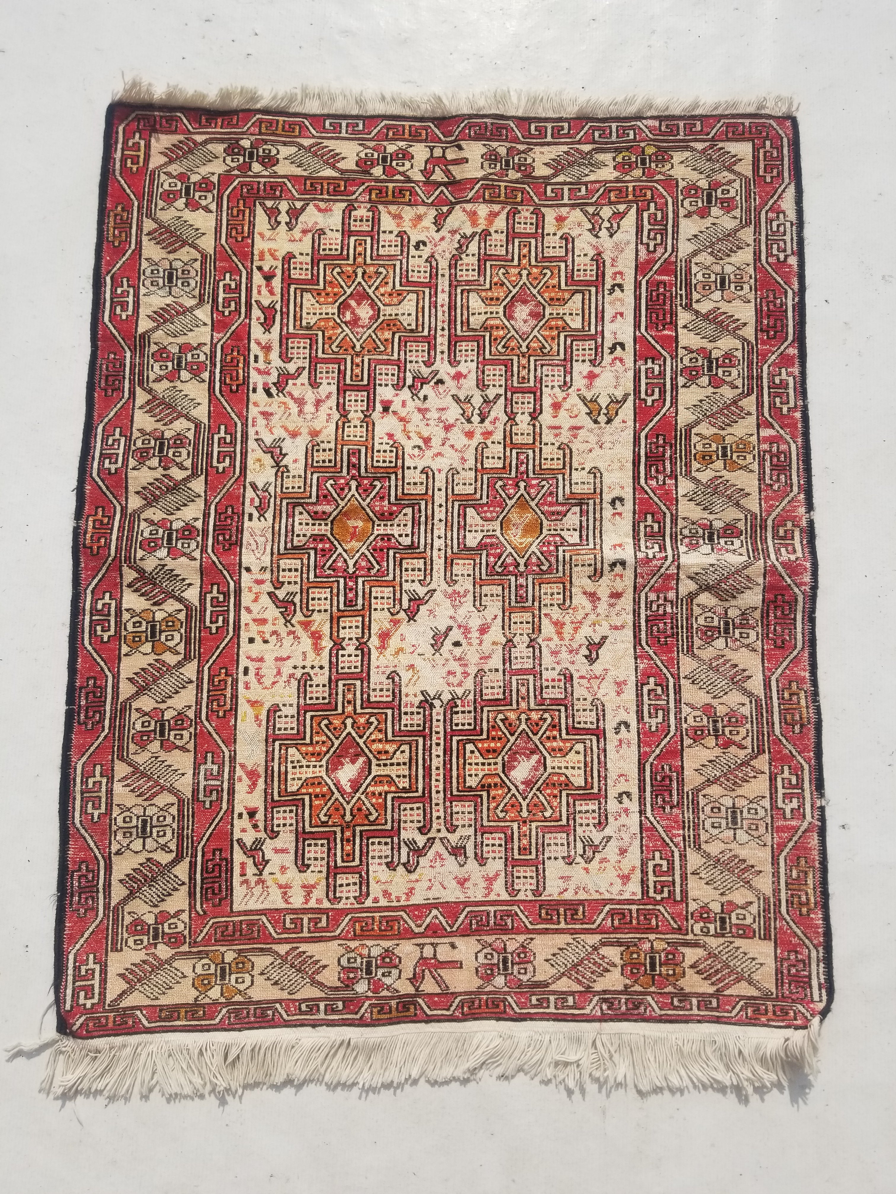 Distressed Vintage Traditional Handmade Afghan Soumak Wool Multicolor Rug 97x78