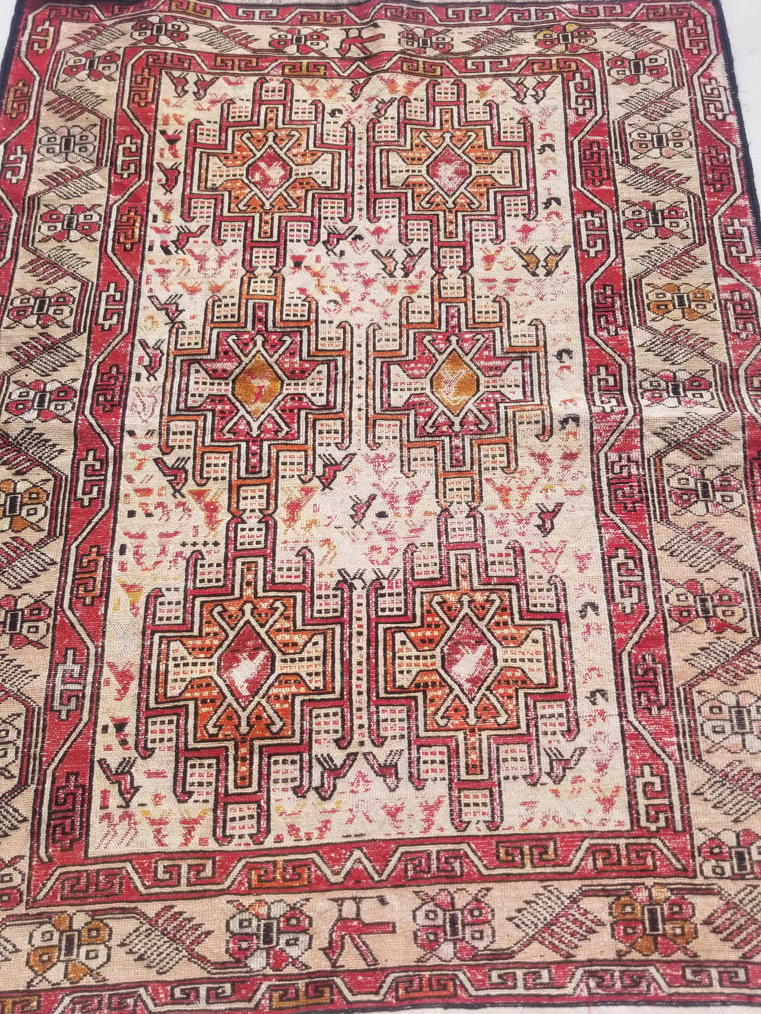 Distressed Vintage Traditional Handmade Afghan Soumak Wool Multicolor Rug 97x78