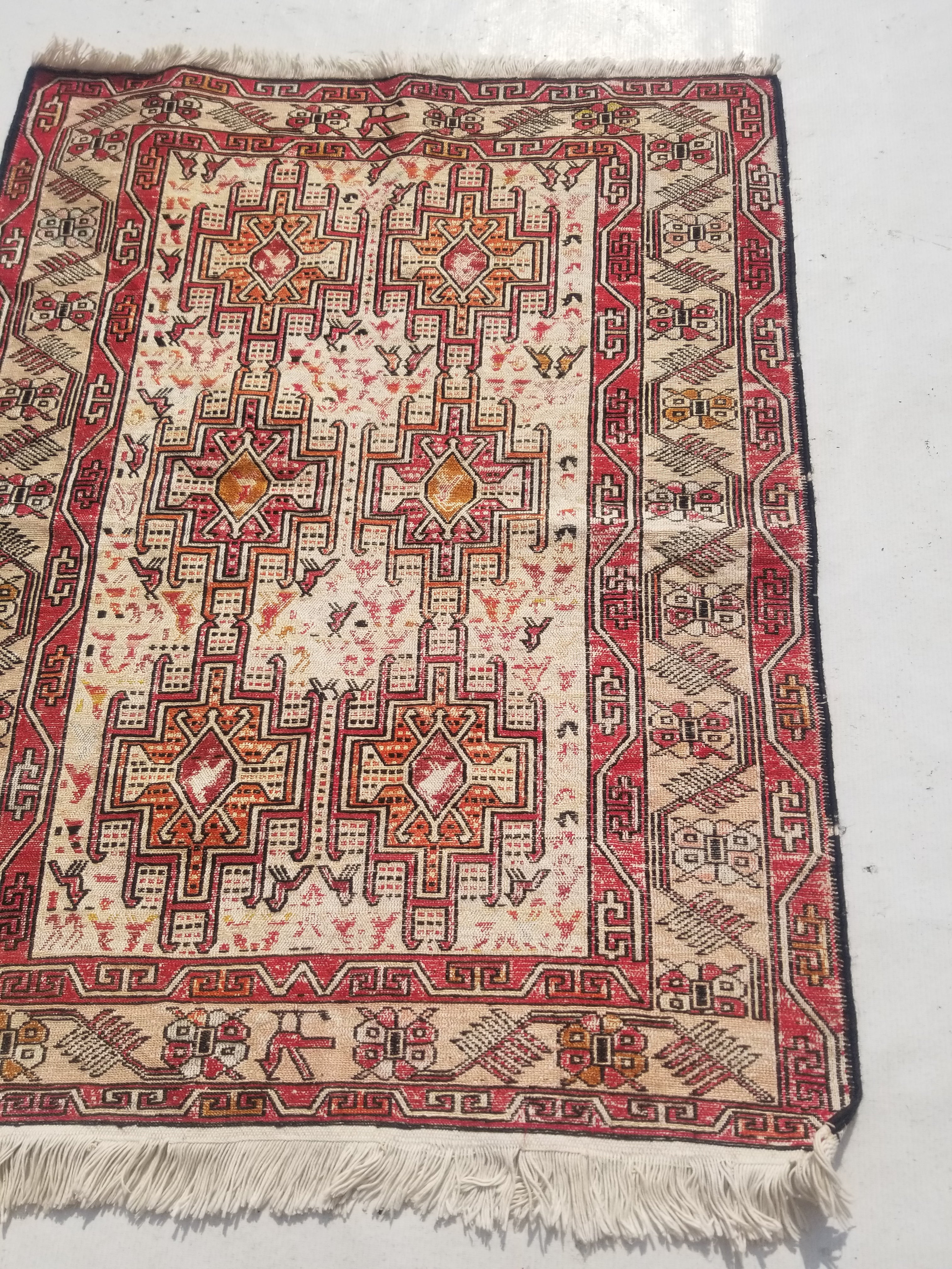Distressed Vintage Traditional Handmade Afghan Soumak Wool Multicolor Rug 97x78