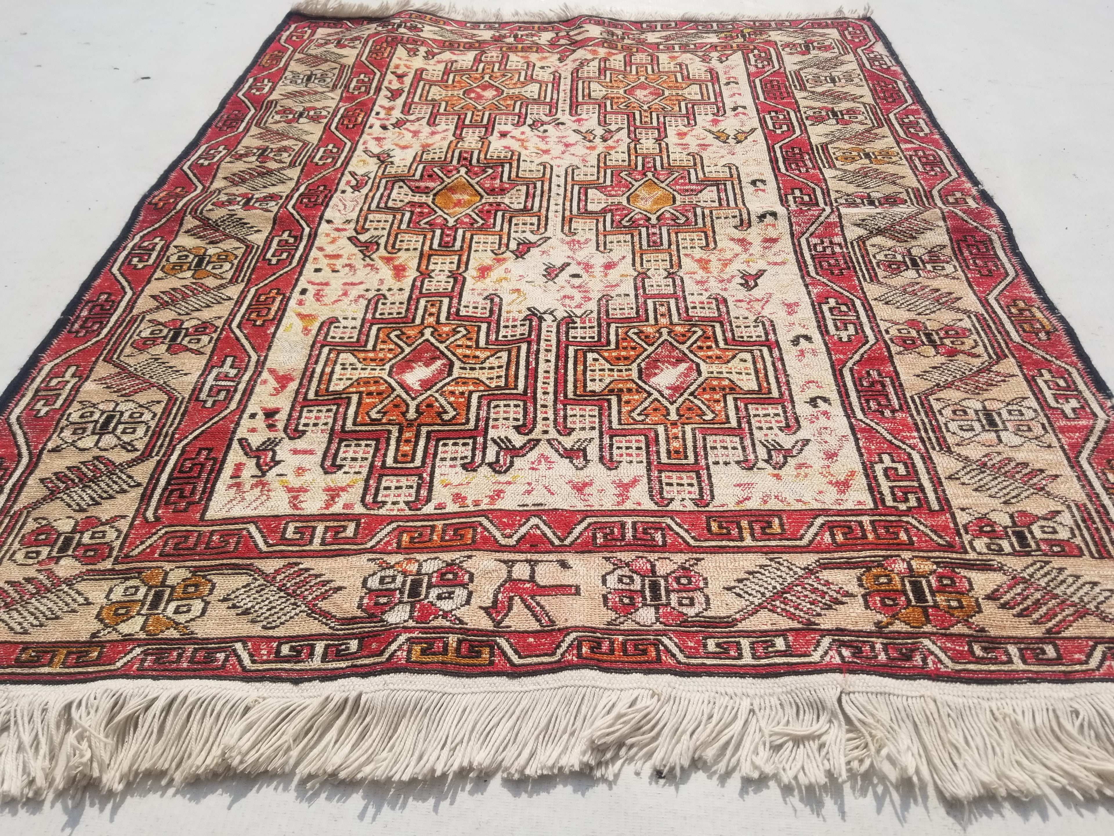 Distressed Vintage Traditional Handmade Afghan Soumak Wool Multicolor Rug 97x78