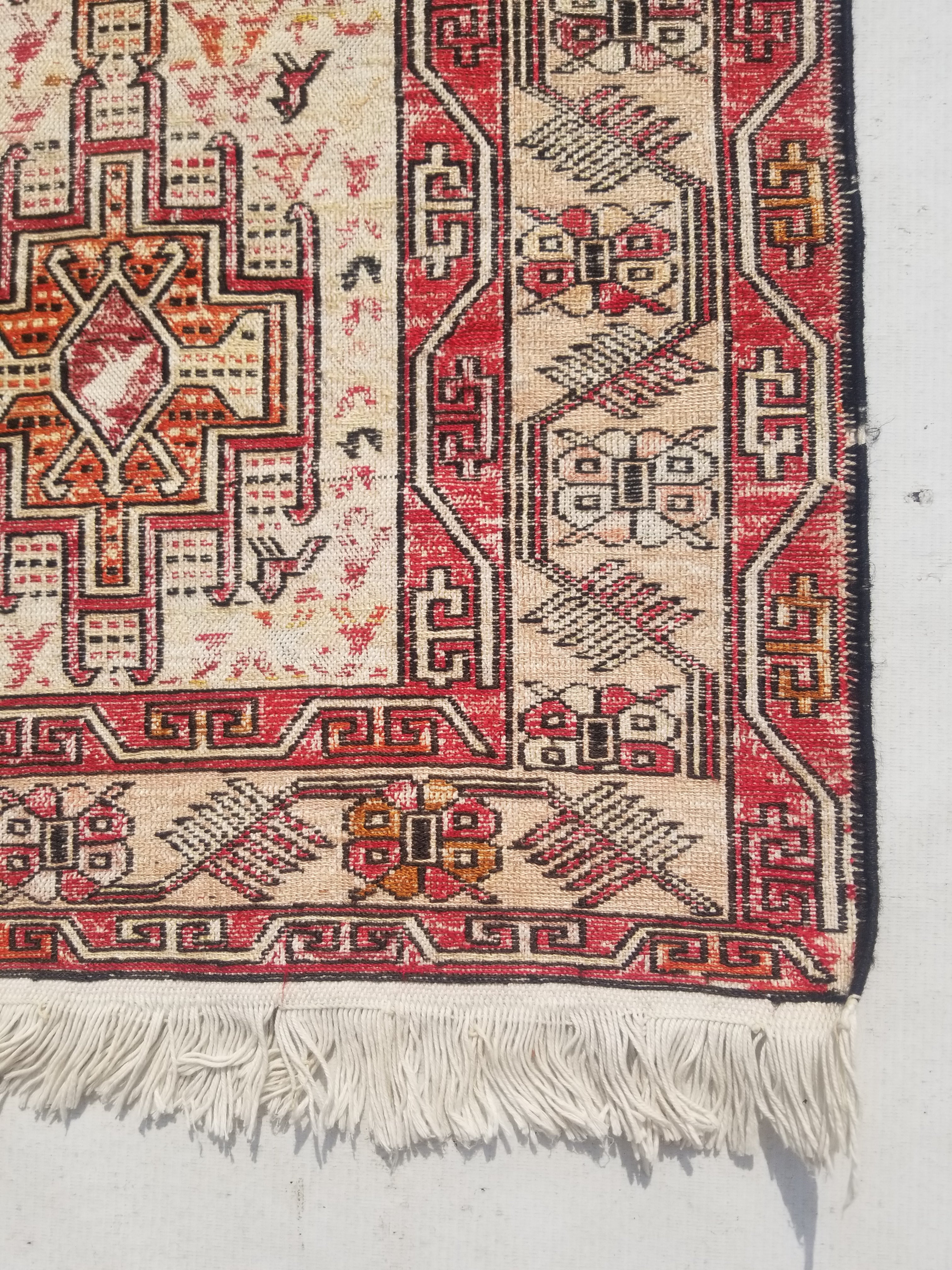 Distressed Vintage Traditional Handmade Afghan Soumak Wool Multicolor Rug 97x78