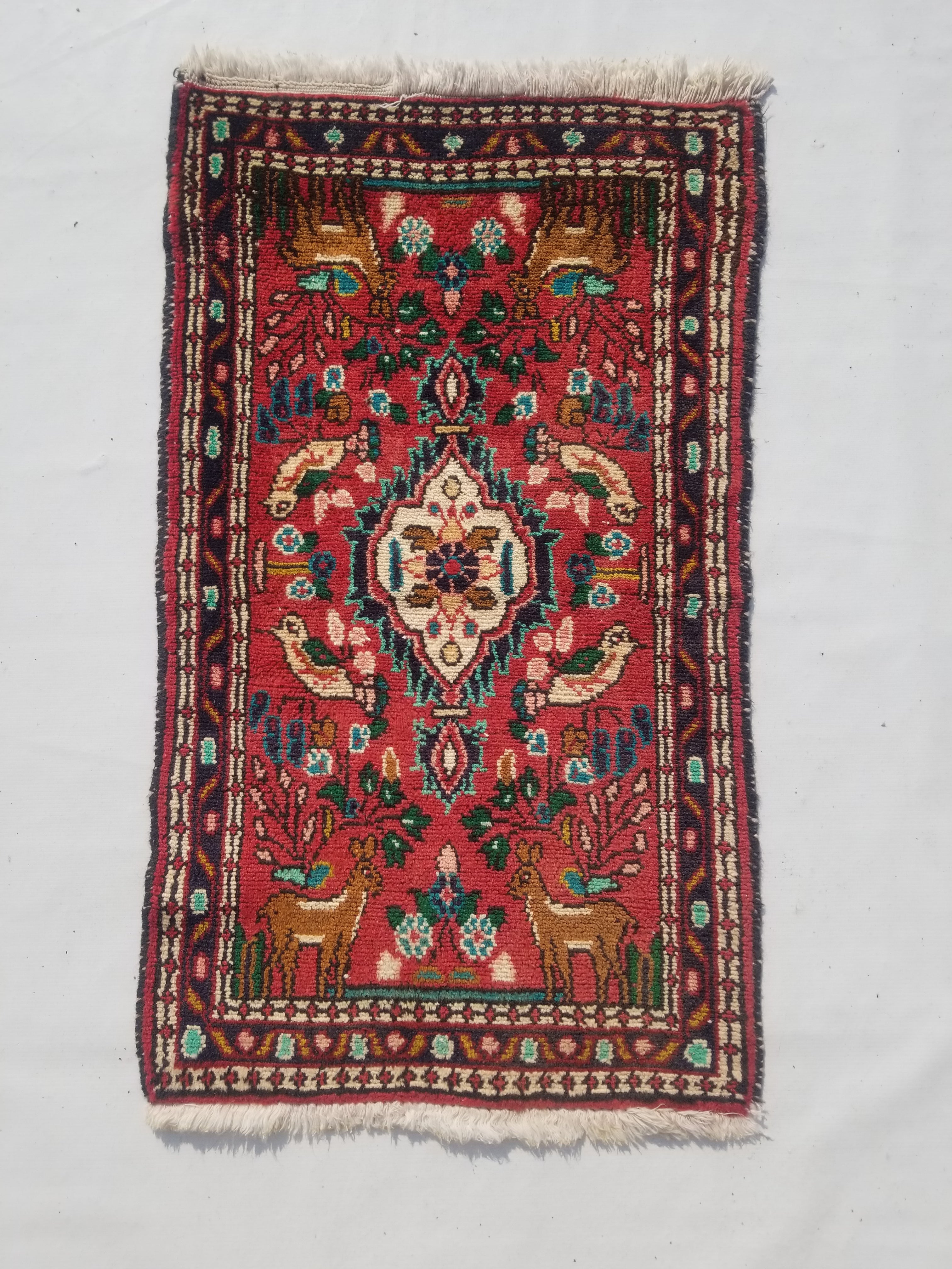 Vintage Traditional Handmade Hamadan Wool Multicolor Rug 97x56cm