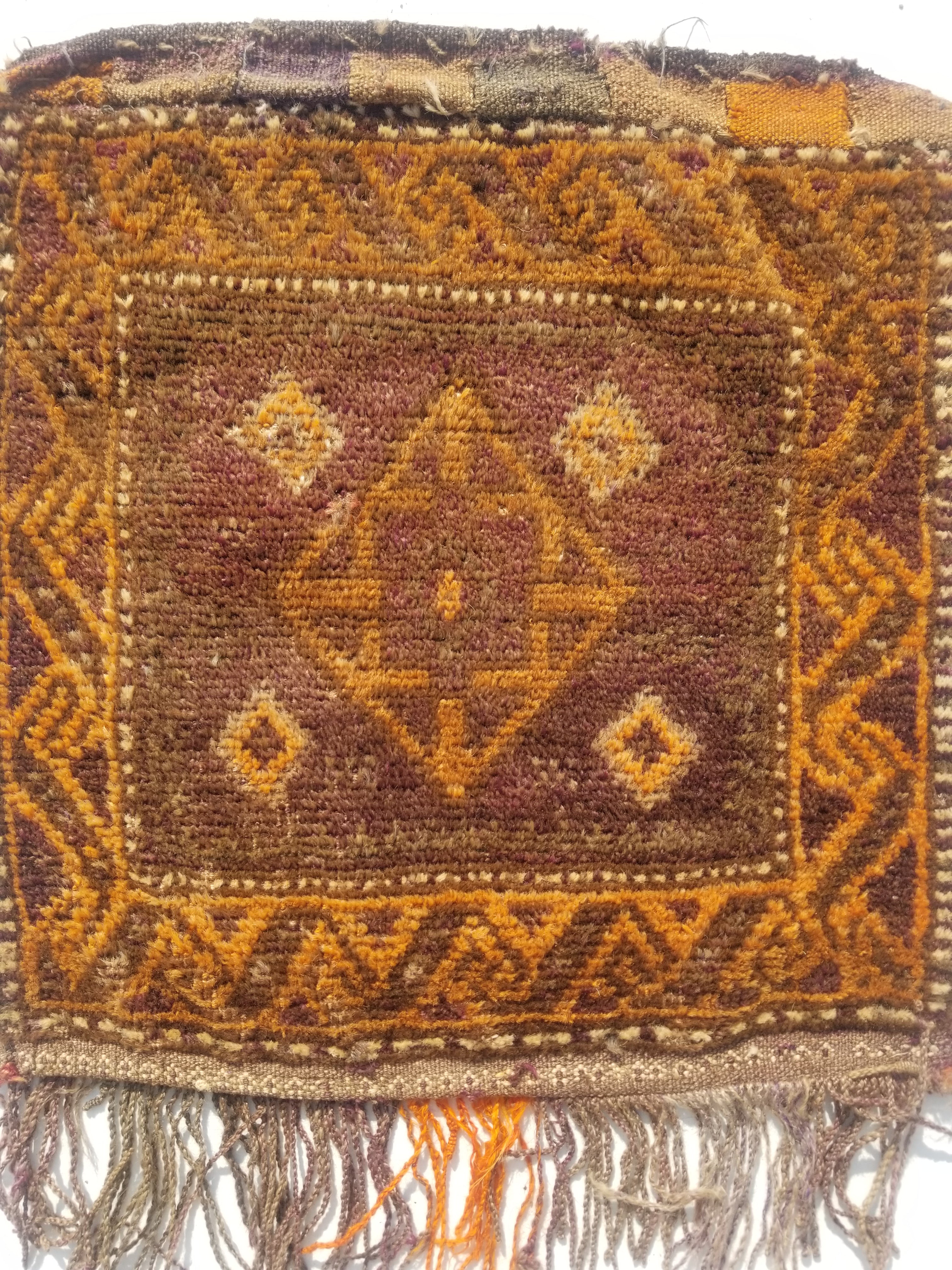 Distressed Antique Traditional Handmade Afghan Wool Multicolor Saddle Bag 55x51c