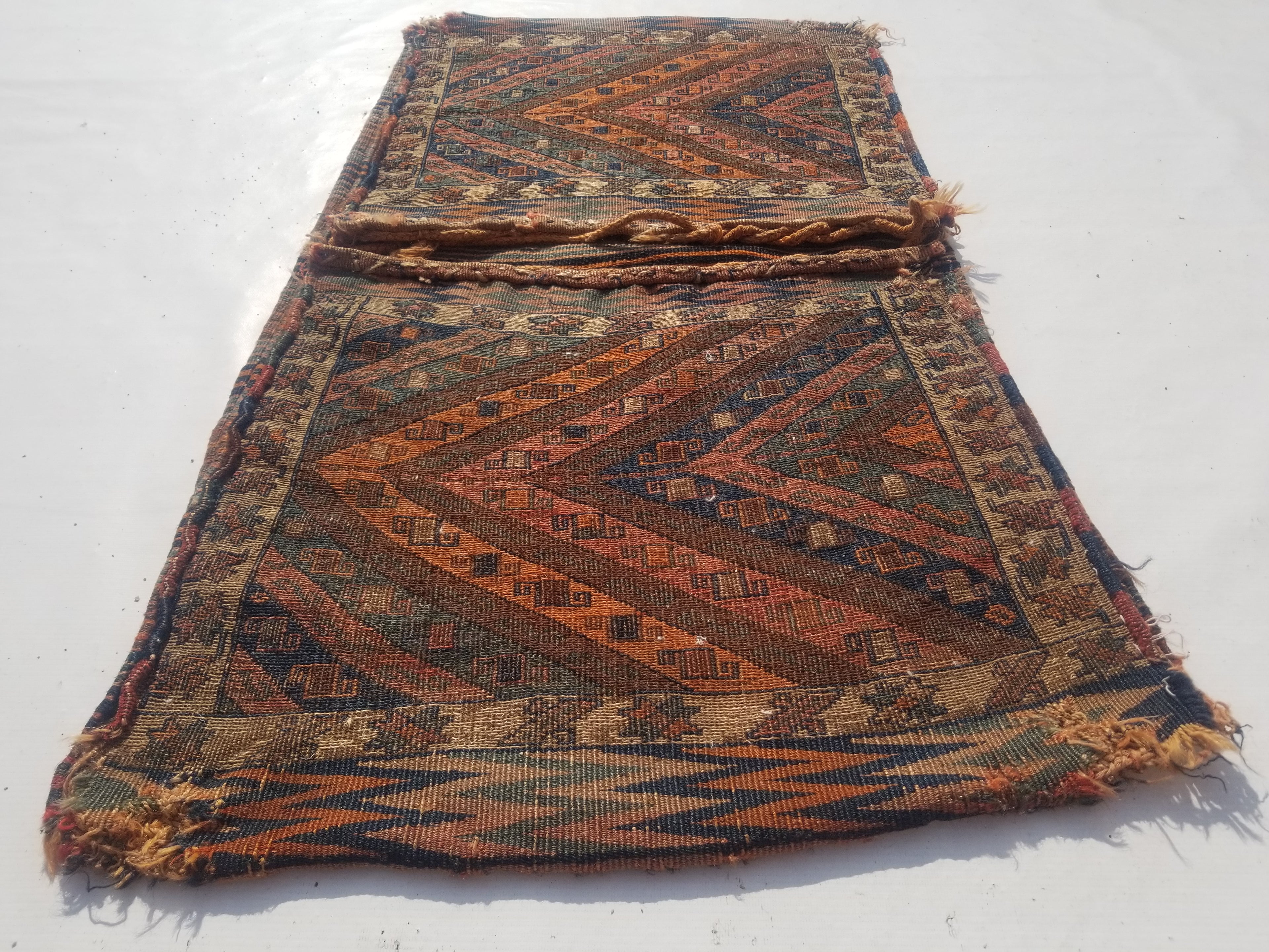 Antique Traditional Handmade Oriental Wool Multicolor Saddle Bag 115x59cm