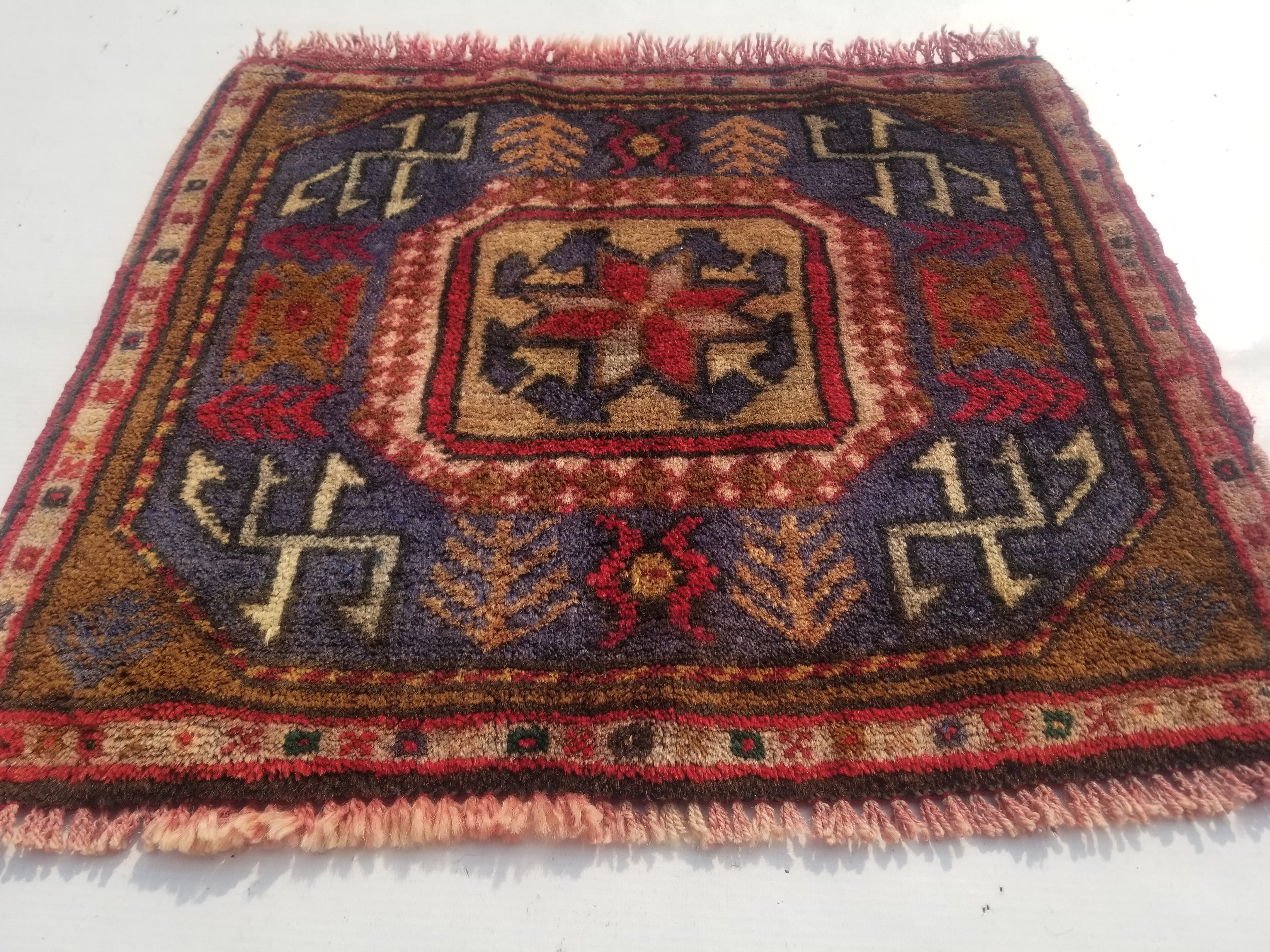 Antique Traditional Handmade Caucasian Kazak Wool Multicolor Rug 56x48cm