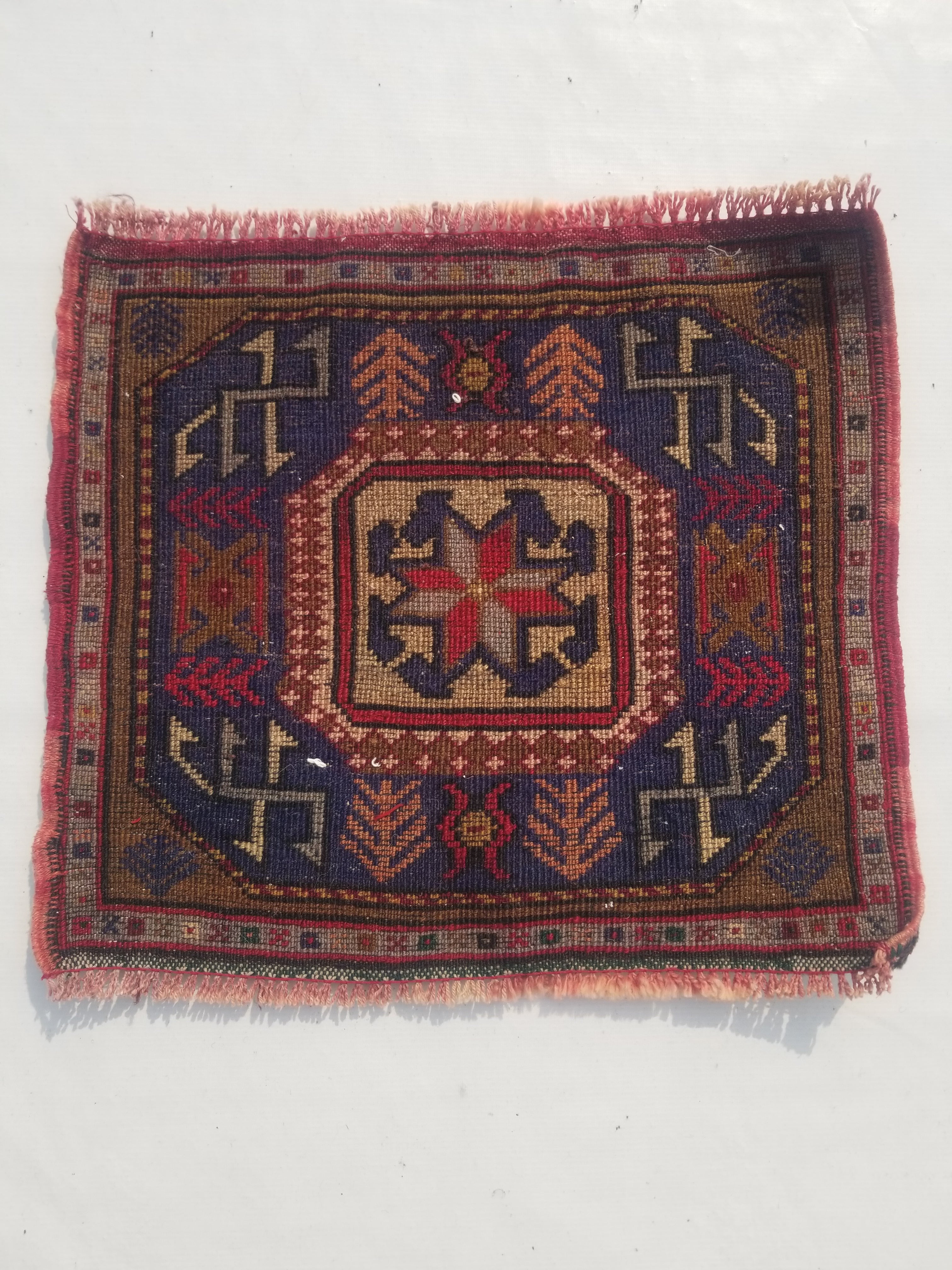 Antique Traditional Handmade Caucasian Kazak Wool Multicolor Rug 56x48cm