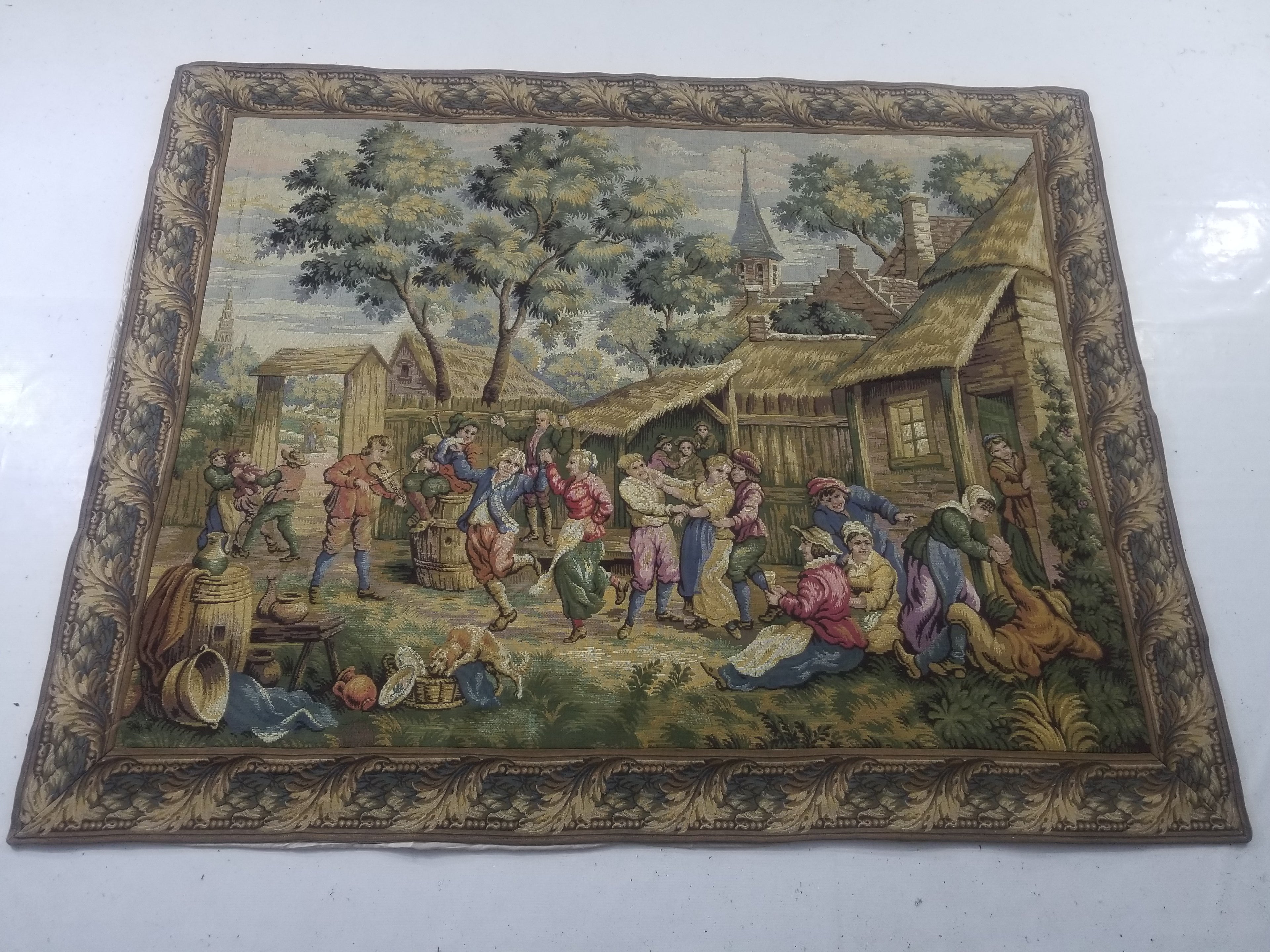 Vintage French Village Festival Scene Wall Hanging Tapestry 138x172cm