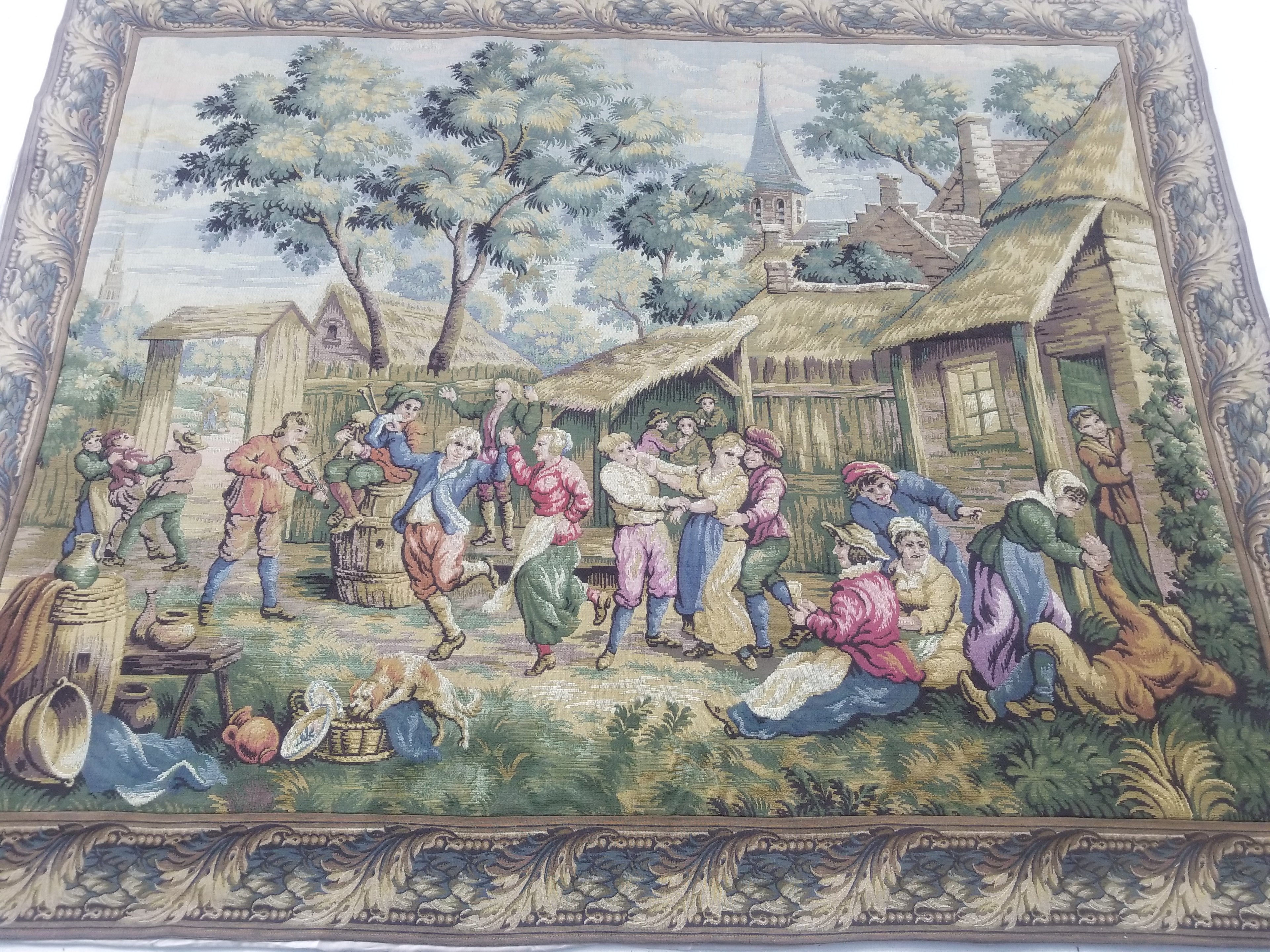 Vintage French Village Festival Scene Wall Hanging Tapestry 138x172cm