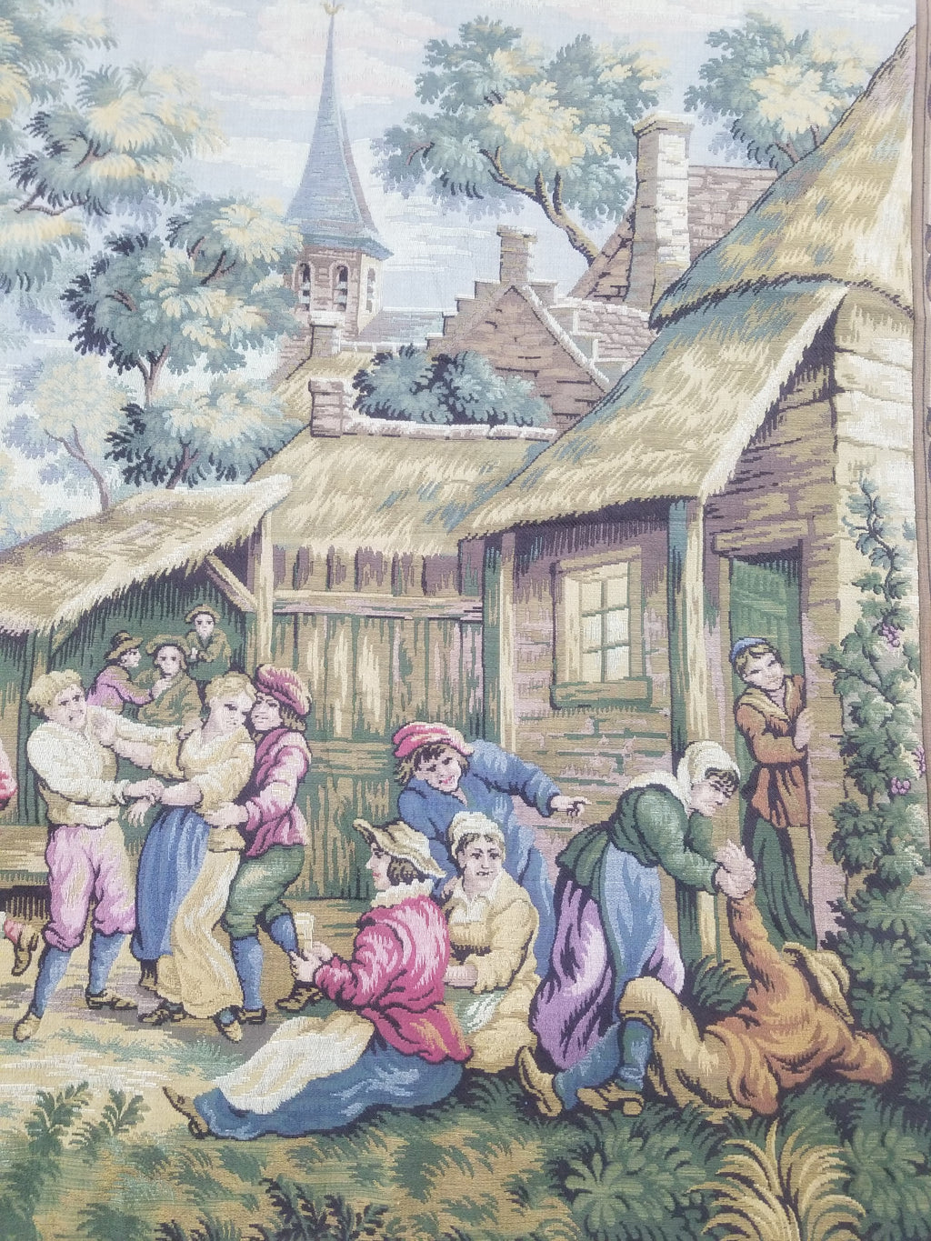 Vintage French Village Festival Scene Wall Hanging Tapestry 138x172cm