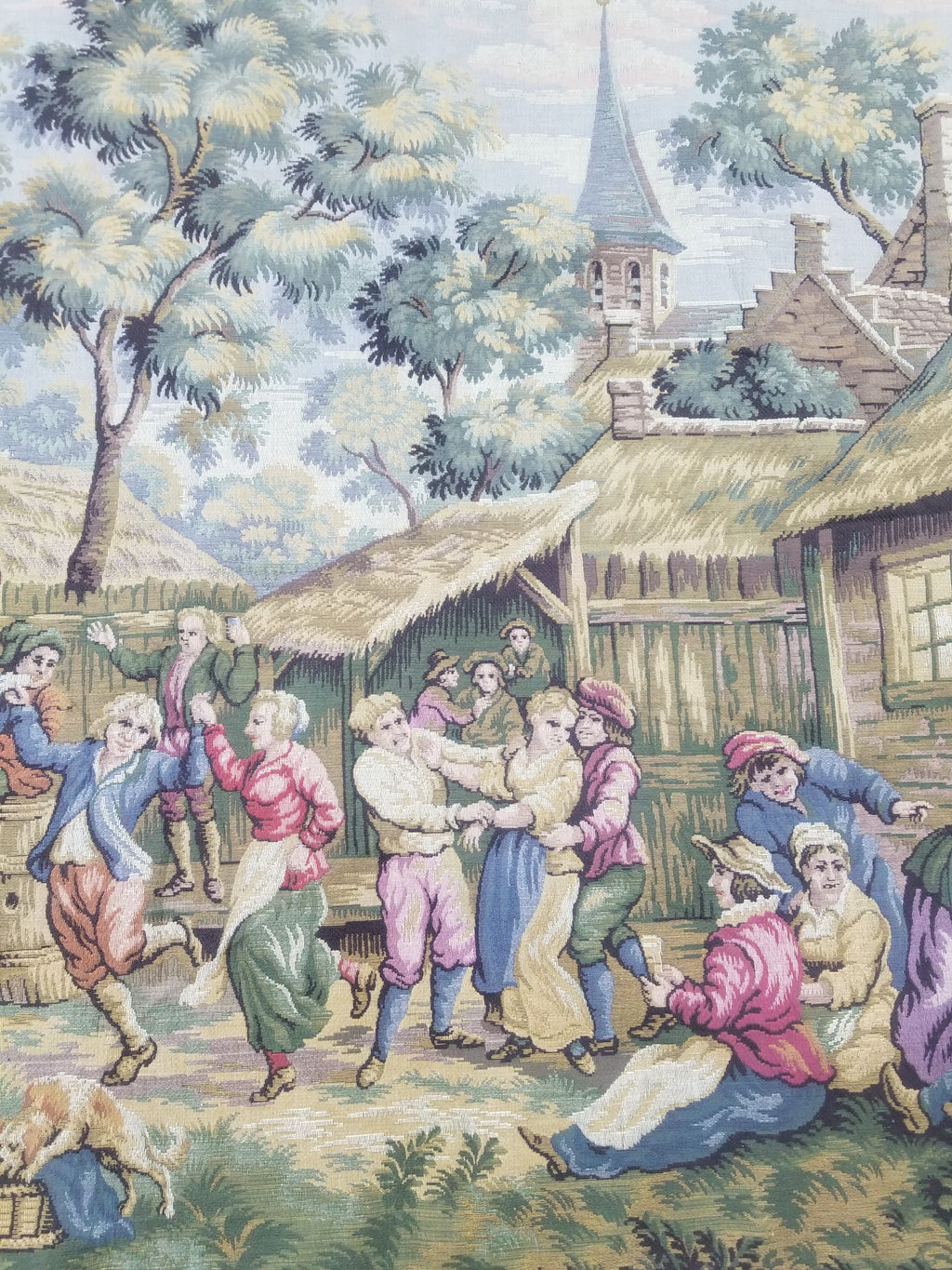 Vintage French Village Festival Scene Wall Hanging Tapestry 138x172cm