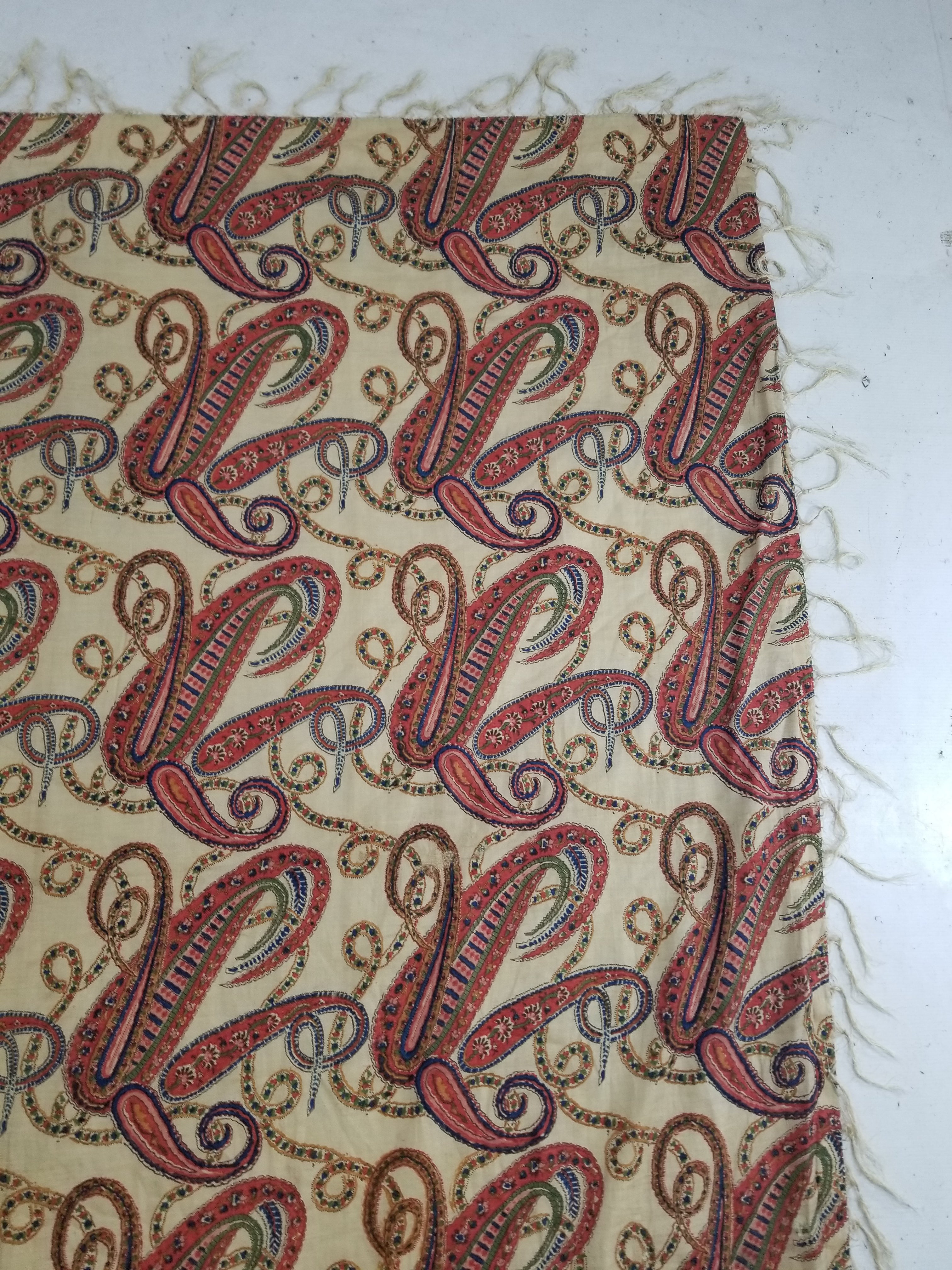 Vintage French Kashmiri Style Paisley Printed Wool Shawl 163x152cm