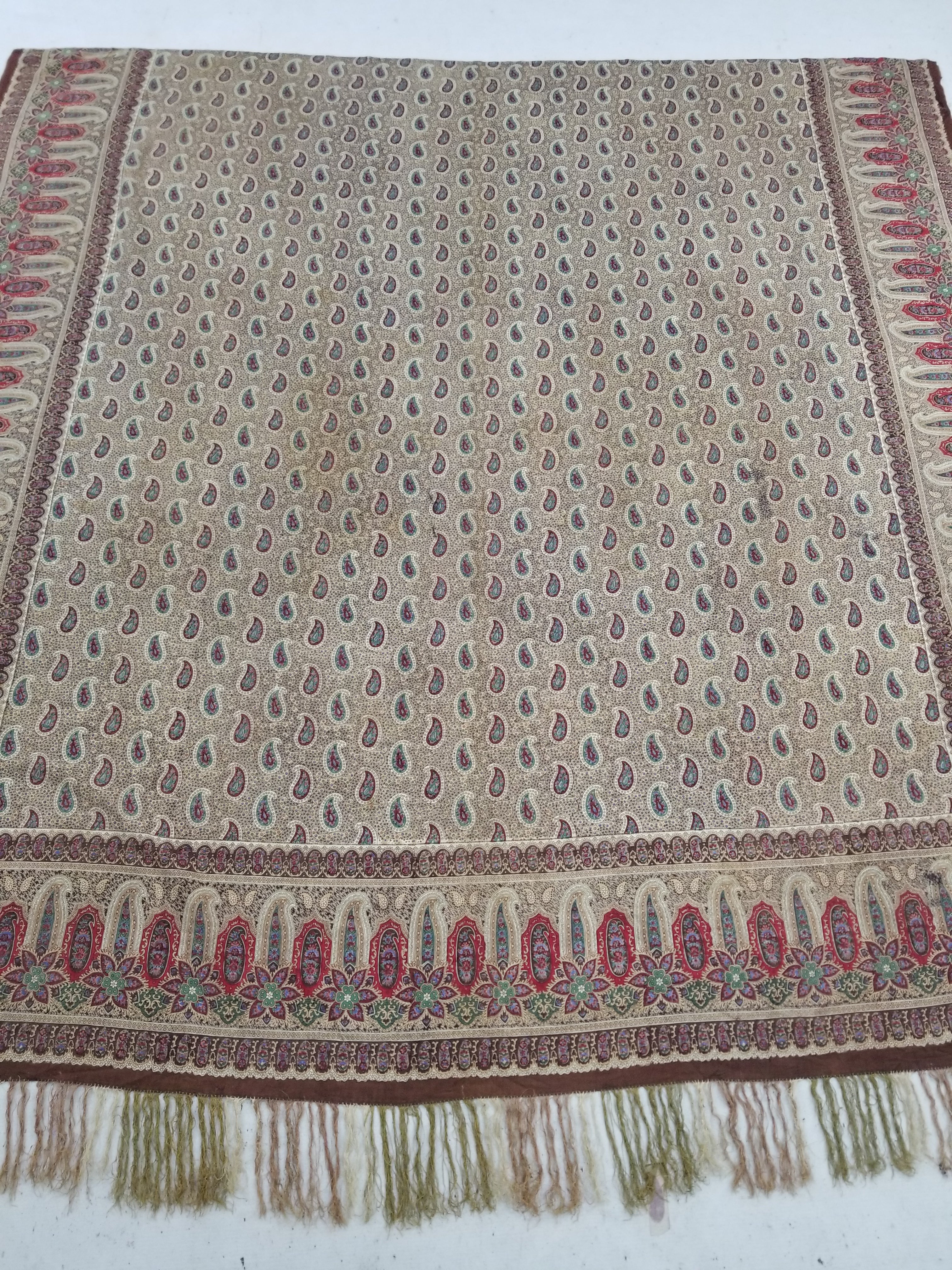 Vintage French Kashmiri Paisley Printed Wool Shawl 163x152cm