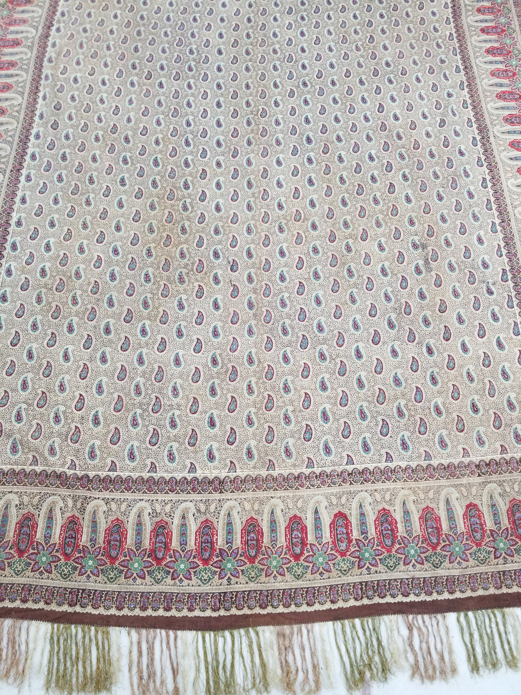 Vintage French Kashmiri Paisley Printed Wool Shawl 163x152cm