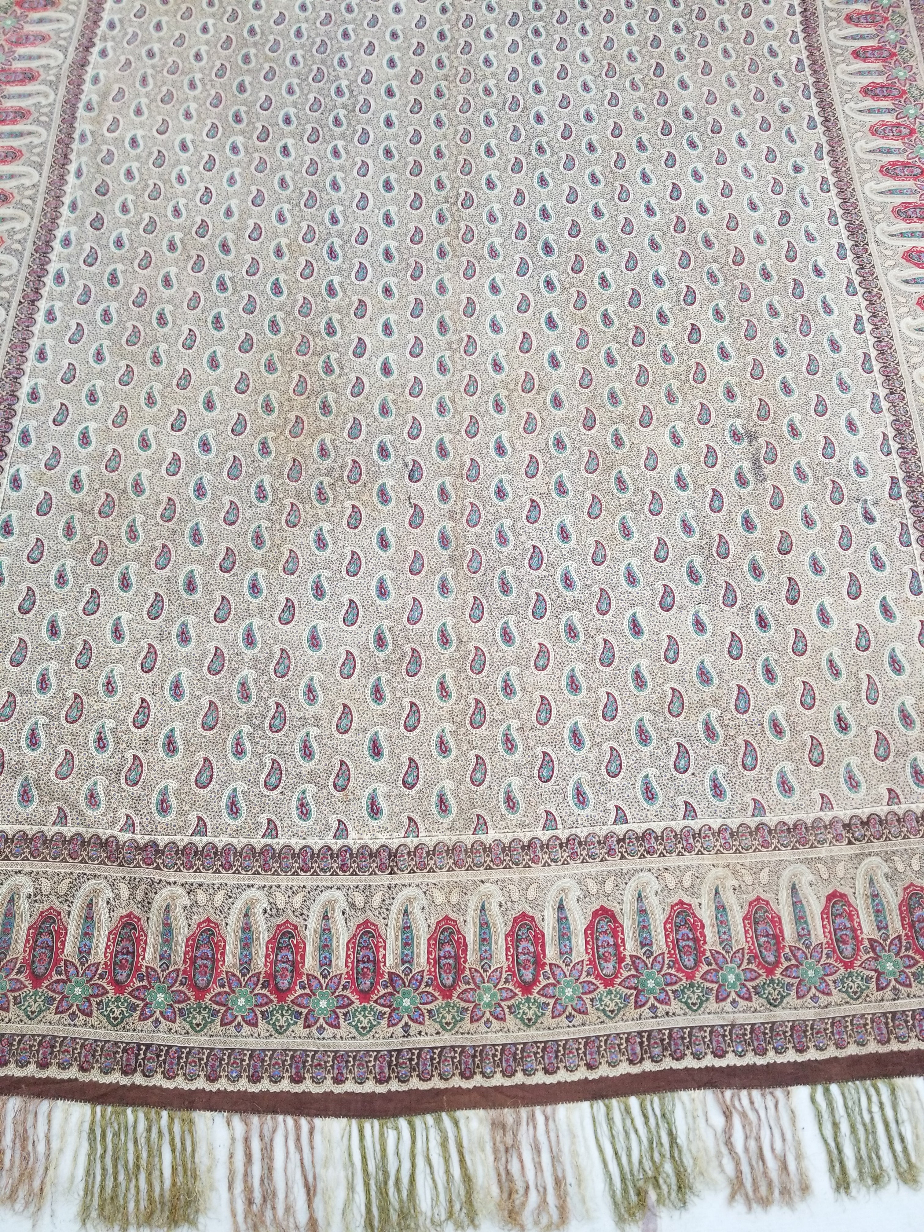 Vintage French Kashmiri Paisley Printed Wool Shawl 163x152cm