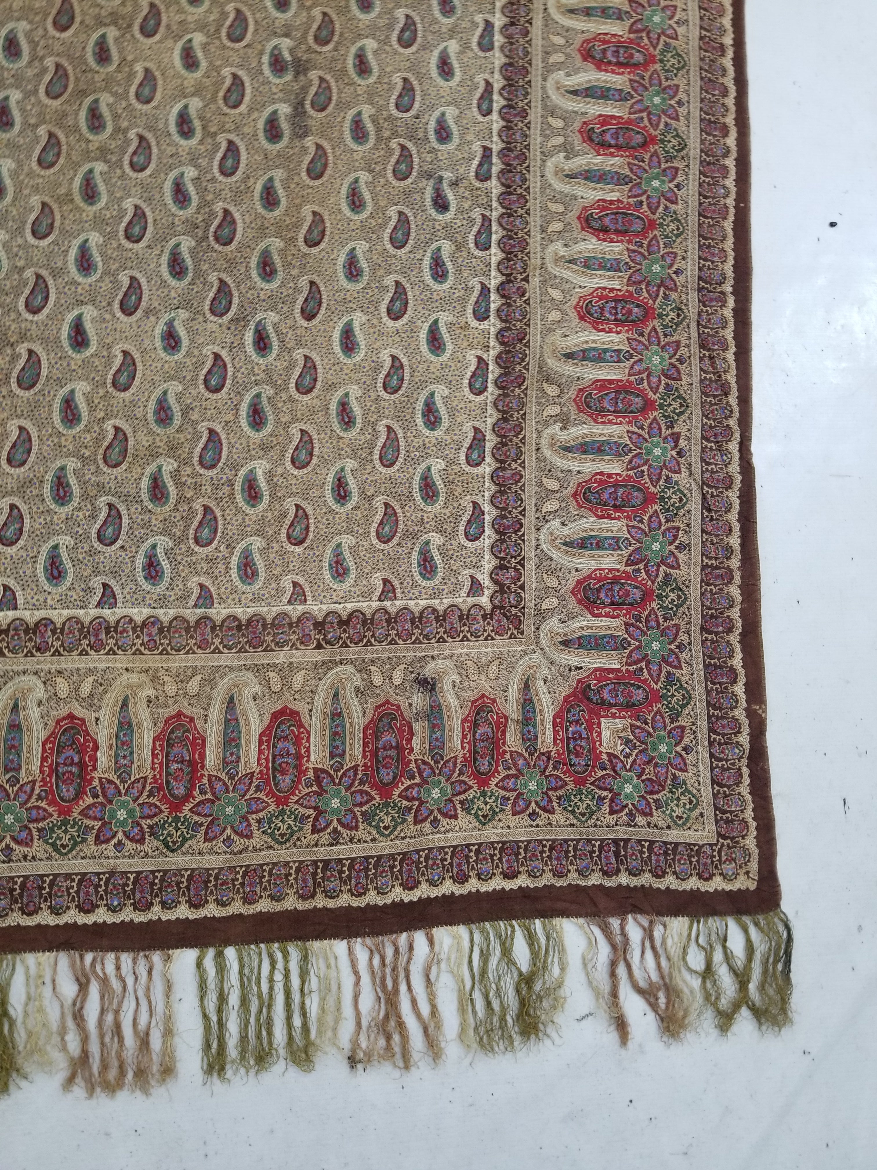 Vintage French Kashmiri Paisley Printed Wool Shawl 163x152cm