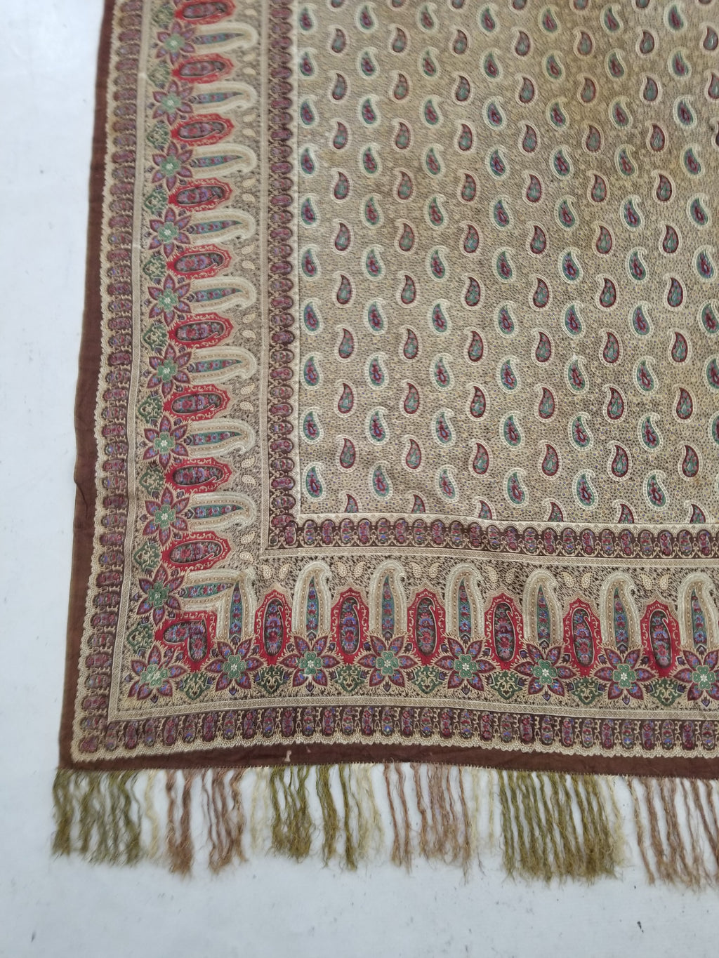 Vintage French Kashmiri Paisley Printed Wool Shawl 163x152cm