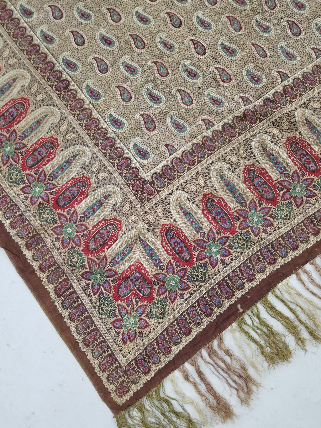 Vintage French Kashmiri Paisley Printed Wool Shawl 163x152cm