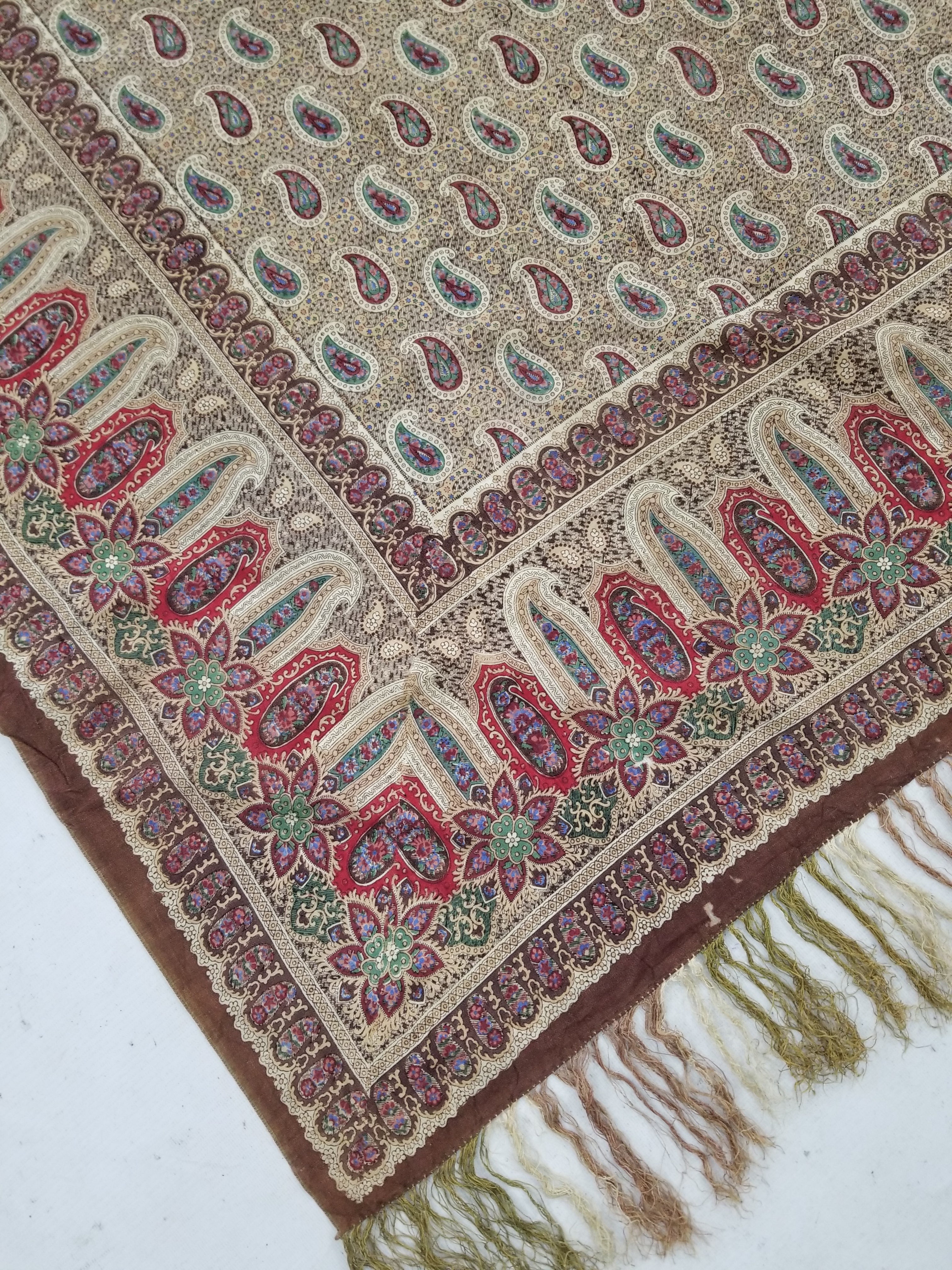 Vintage French Kashmiri Paisley Printed Wool Shawl 163x152cm